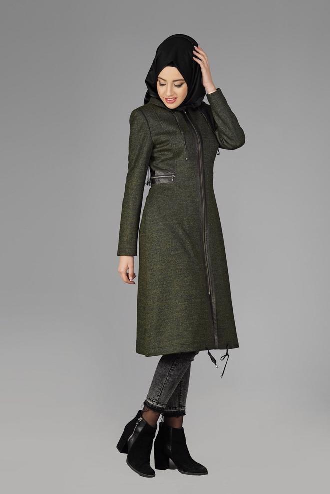 Tesettür giyim YEŞİL KAPÜŞONLU FERMUARLI KABAN 9580 - ALVİNA