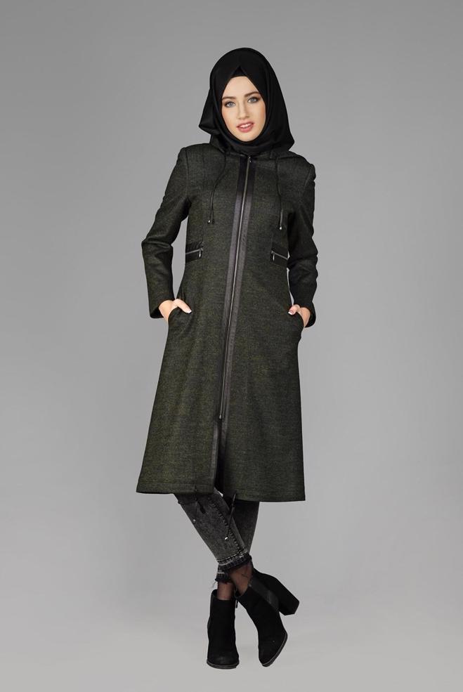 Tesettür giyim YEŞİL KAPÜŞONLU FERMUARLI KABAN 9580 - ALVİNA