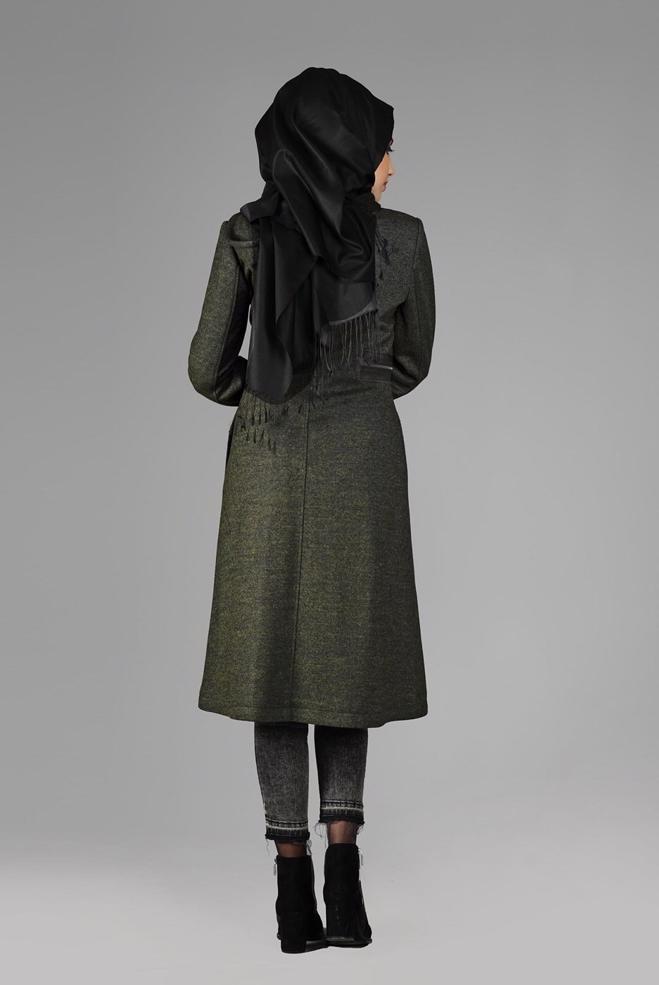 Tesettür giyim YEŞİL KAPÜŞONLU FERMUARLI KABAN 9580 - ALVİNA