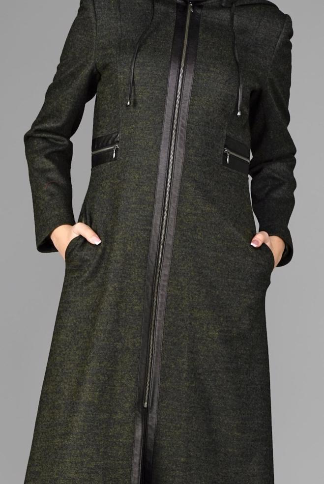 Tesettür giyim YEŞİL KAPÜŞONLU FERMUARLI KABAN 9580 - ALVİNA