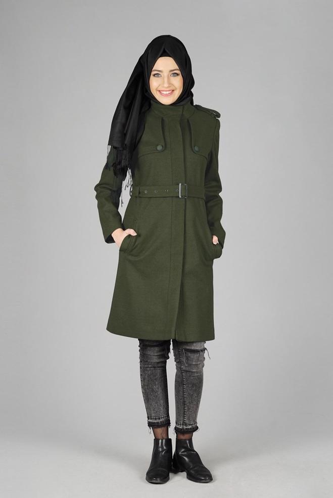 Tesettür giyim HAKİ CEP DETAYLI KEMERLİ KABAN 9584 - ALVİNA