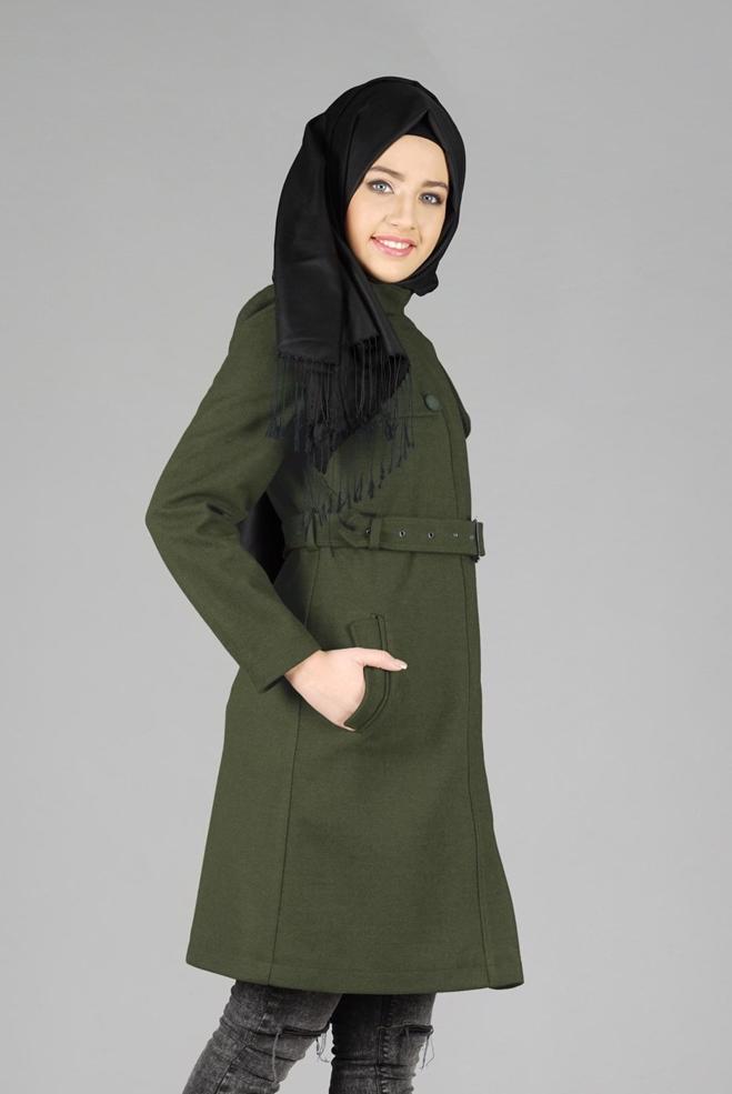Tesettür giyim HAKİ CEP DETAYLI KEMERLİ KABAN 9584 - ALVİNA