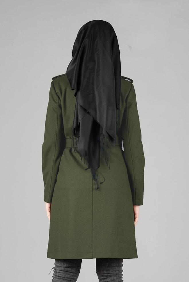 Tesettür giyim HAKİ CEP DETAYLI KEMERLİ KABAN 9584 - ALVİNA