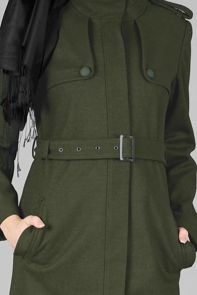 Tesettür giyim HAKİ CEP DETAYLI KEMERLİ KABAN 9584 - ALVİNA