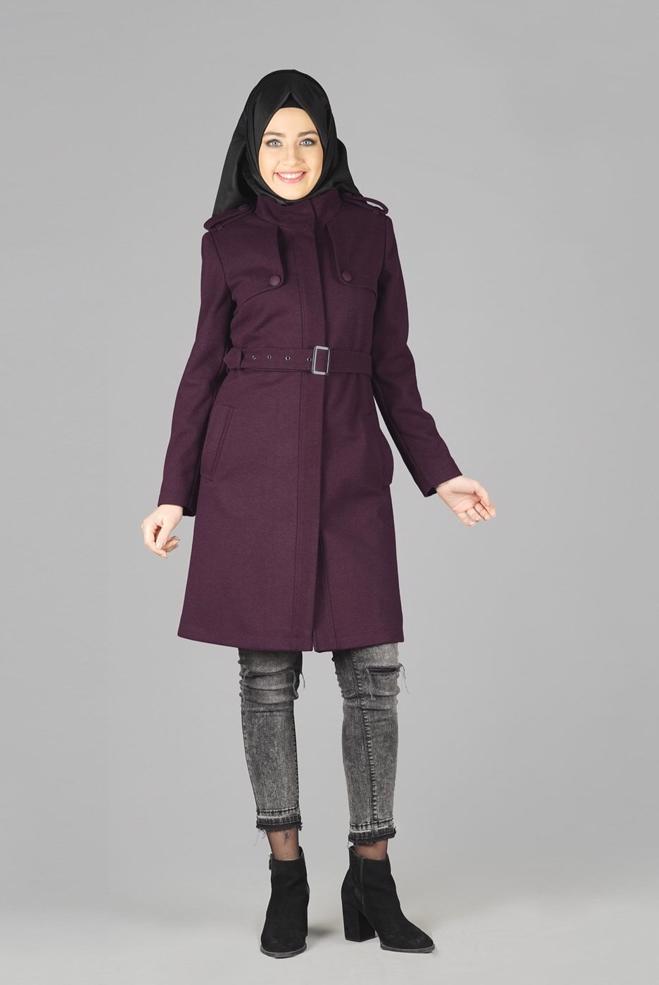 Tesettür giyim MÜRDÜM CEP DETAYLI KEMERLİ KABAN 9584 - ALVİNA