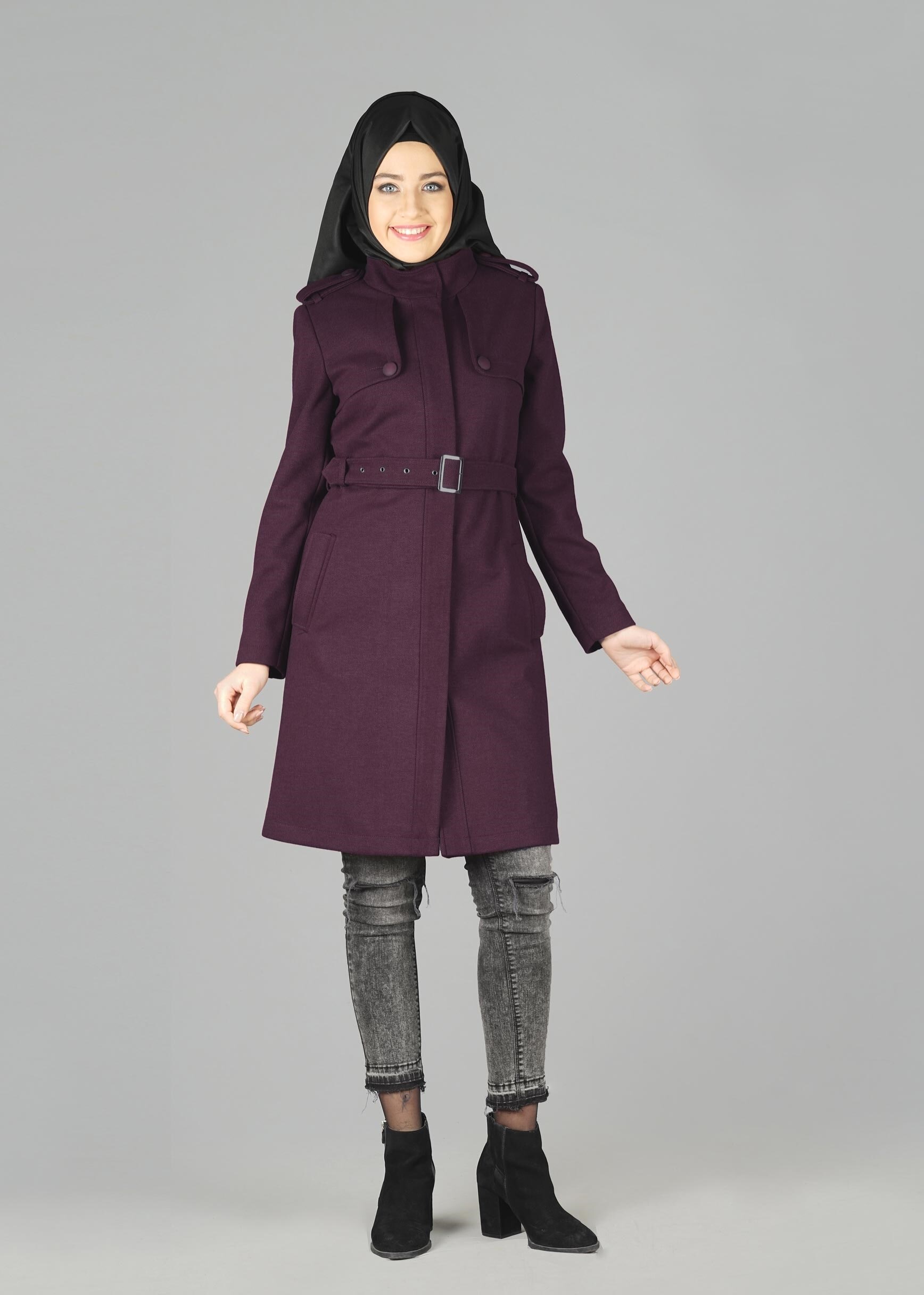 Tesettür giyim MÜRDÜM CEP DETAYLI KEMERLİ KABAN 9584