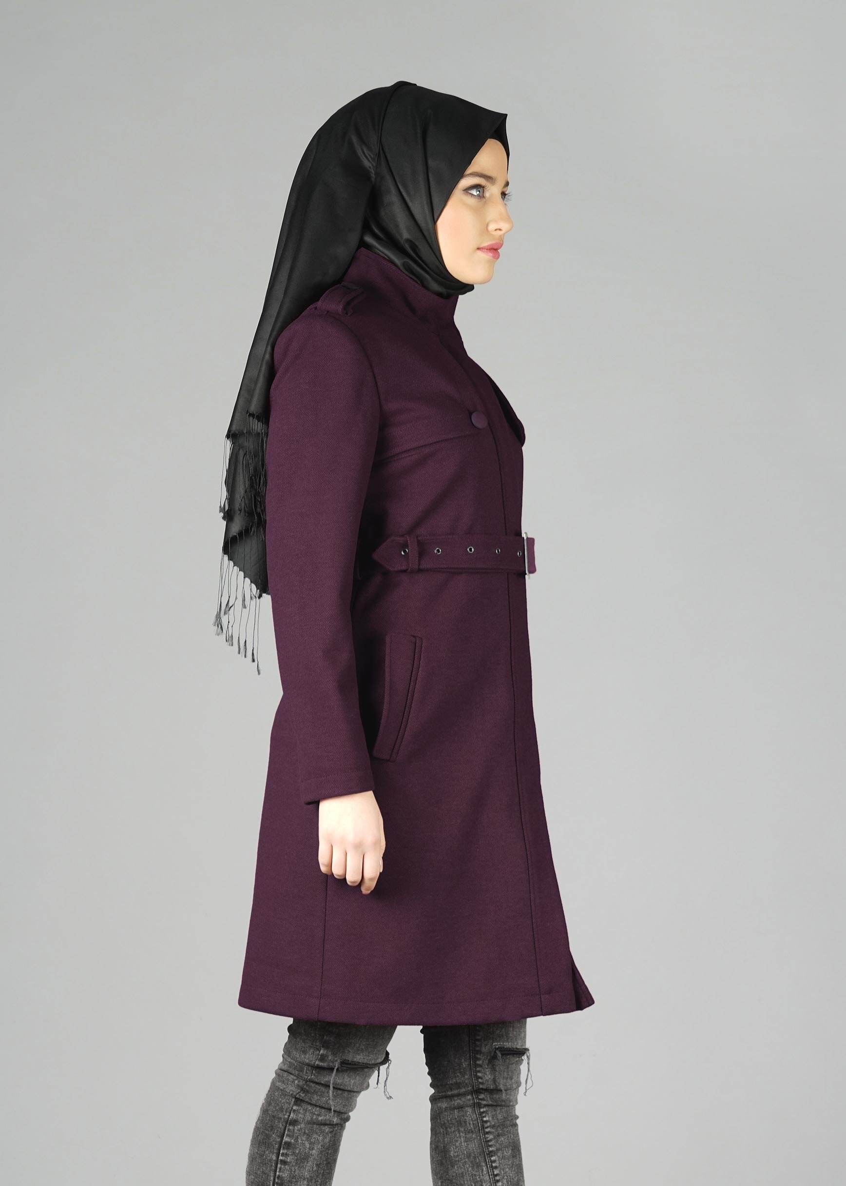 Tesettür giyim MÜRDÜM CEP DETAYLI KEMERLİ KABAN 9584
