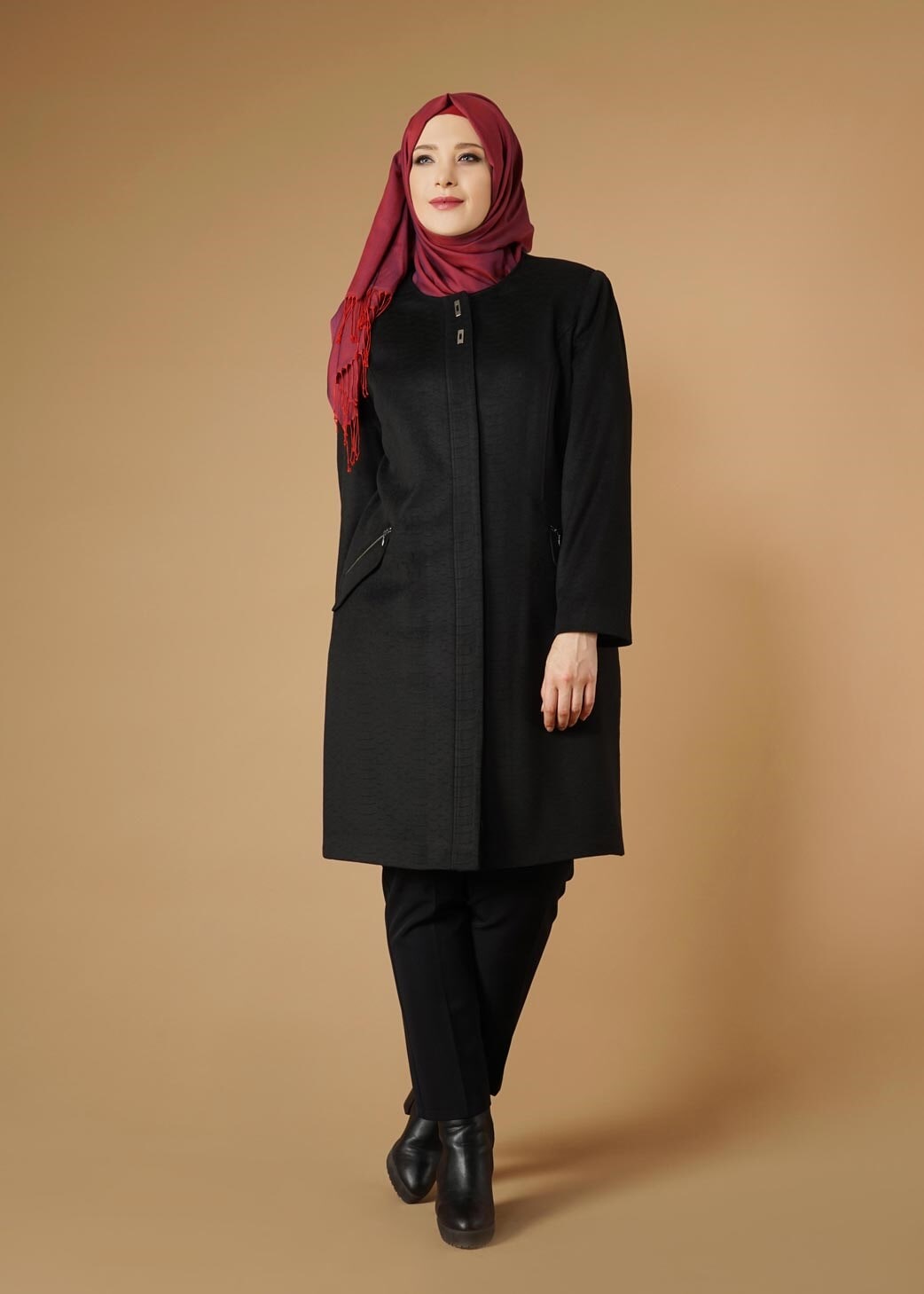 Tesettür giyim SİYAH BİSİKLET YAKA FERMUARLI KABAN 9596 