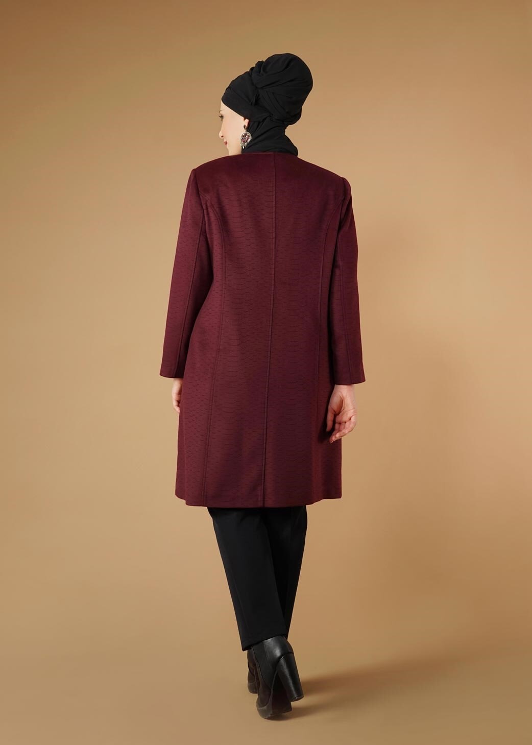 Tesettür giyim BORDO BİSİKLET YAKA FERMUARLI KABAN 9596 