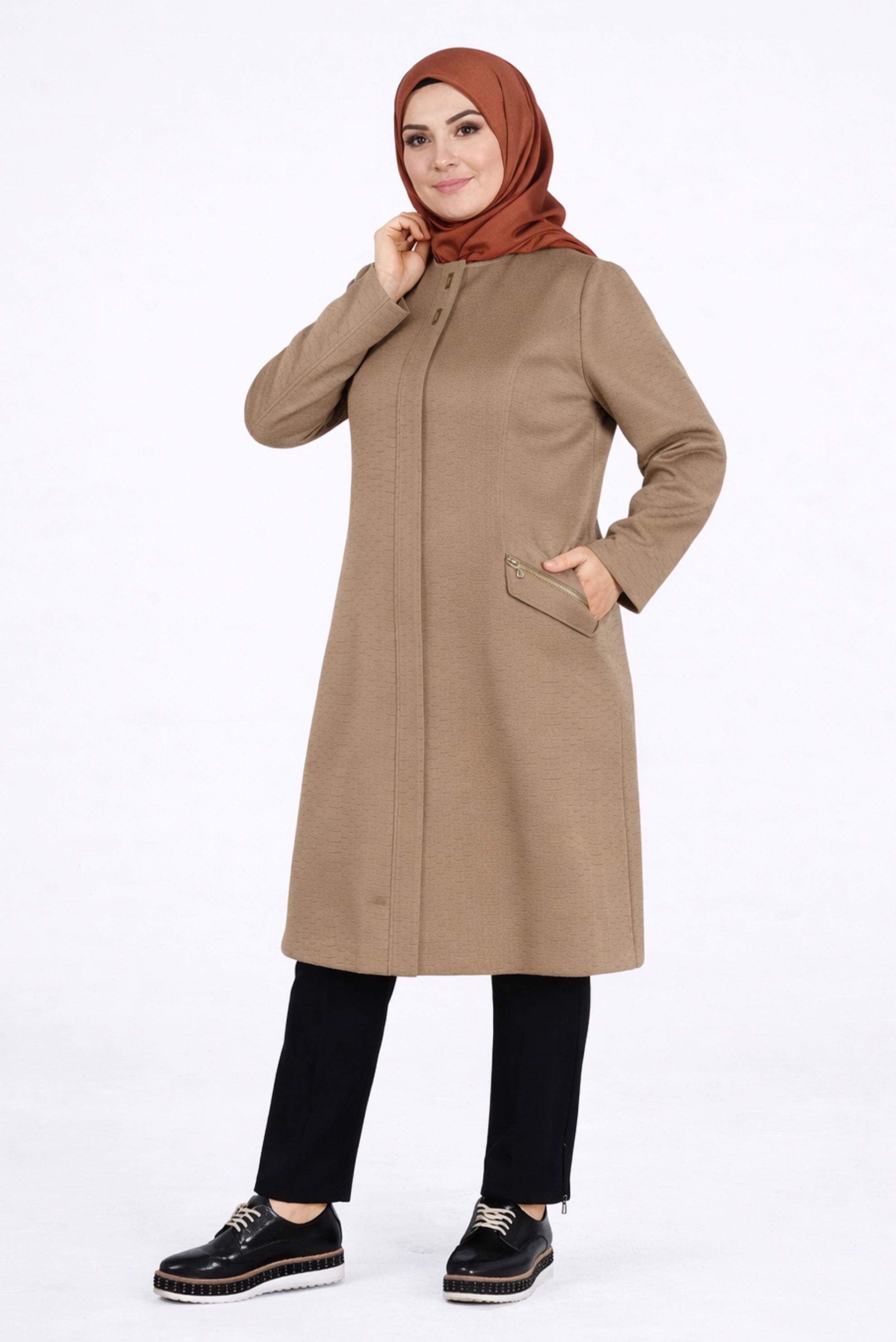 Tesettür giyim KAHVE BİSİKLET YAKA FERMUARLI KABAN 9596 