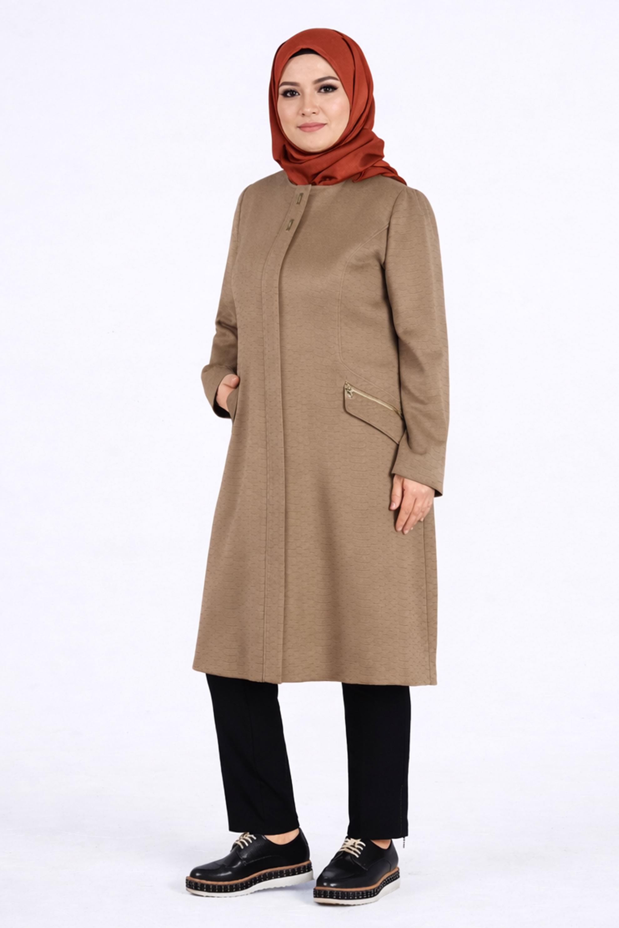Tesettür giyim KAHVE BİSİKLET YAKA FERMUARLI KABAN 9596 