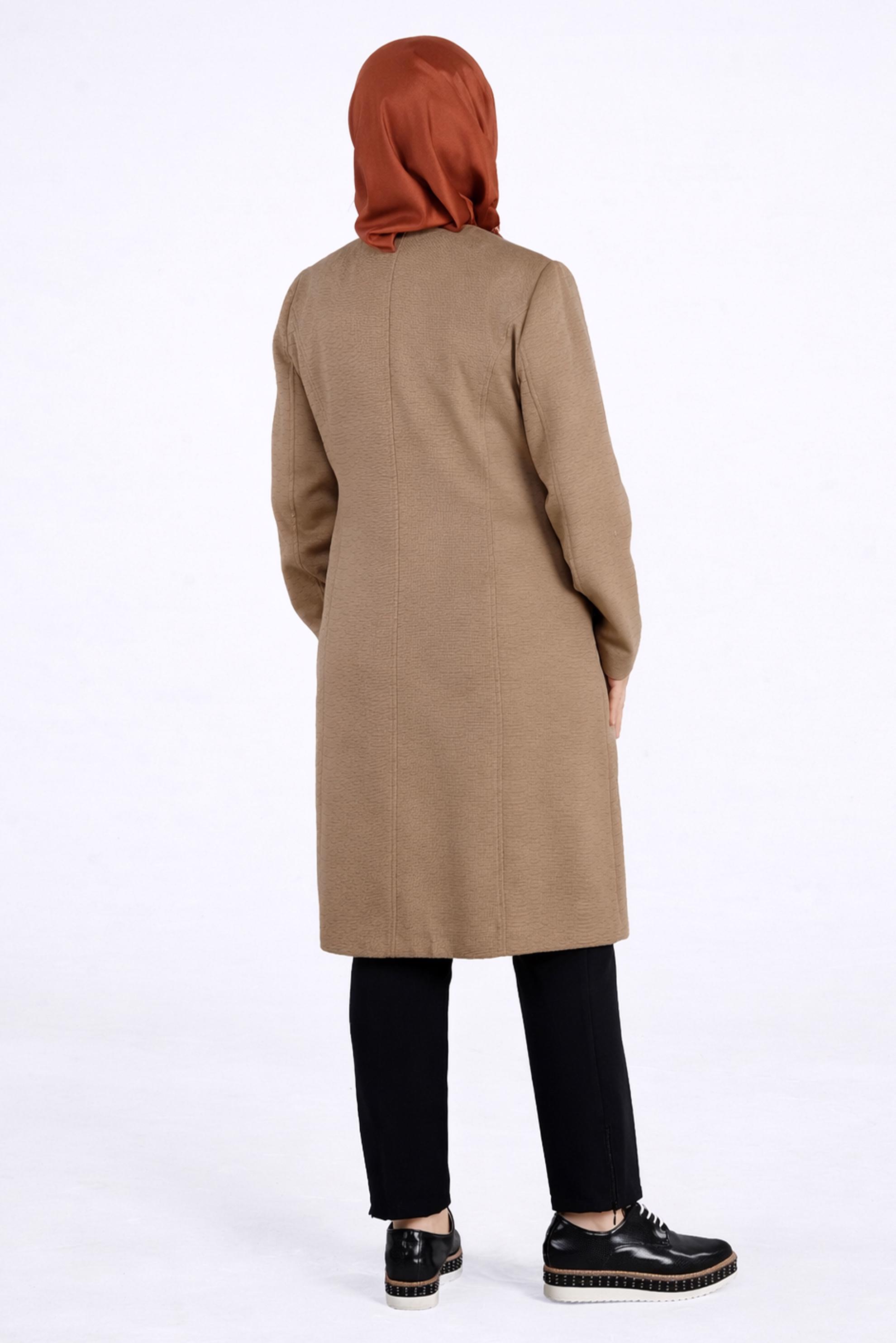 Tesettür giyim KAHVE BİSİKLET YAKA FERMUARLI KABAN 9596 