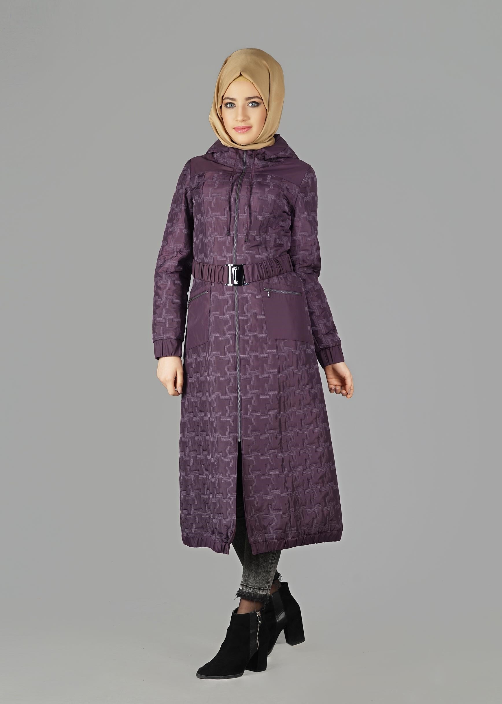 Tesettür giyim MÜRDÜM KEMERLİ KAPÜŞONLU KABAN 9600