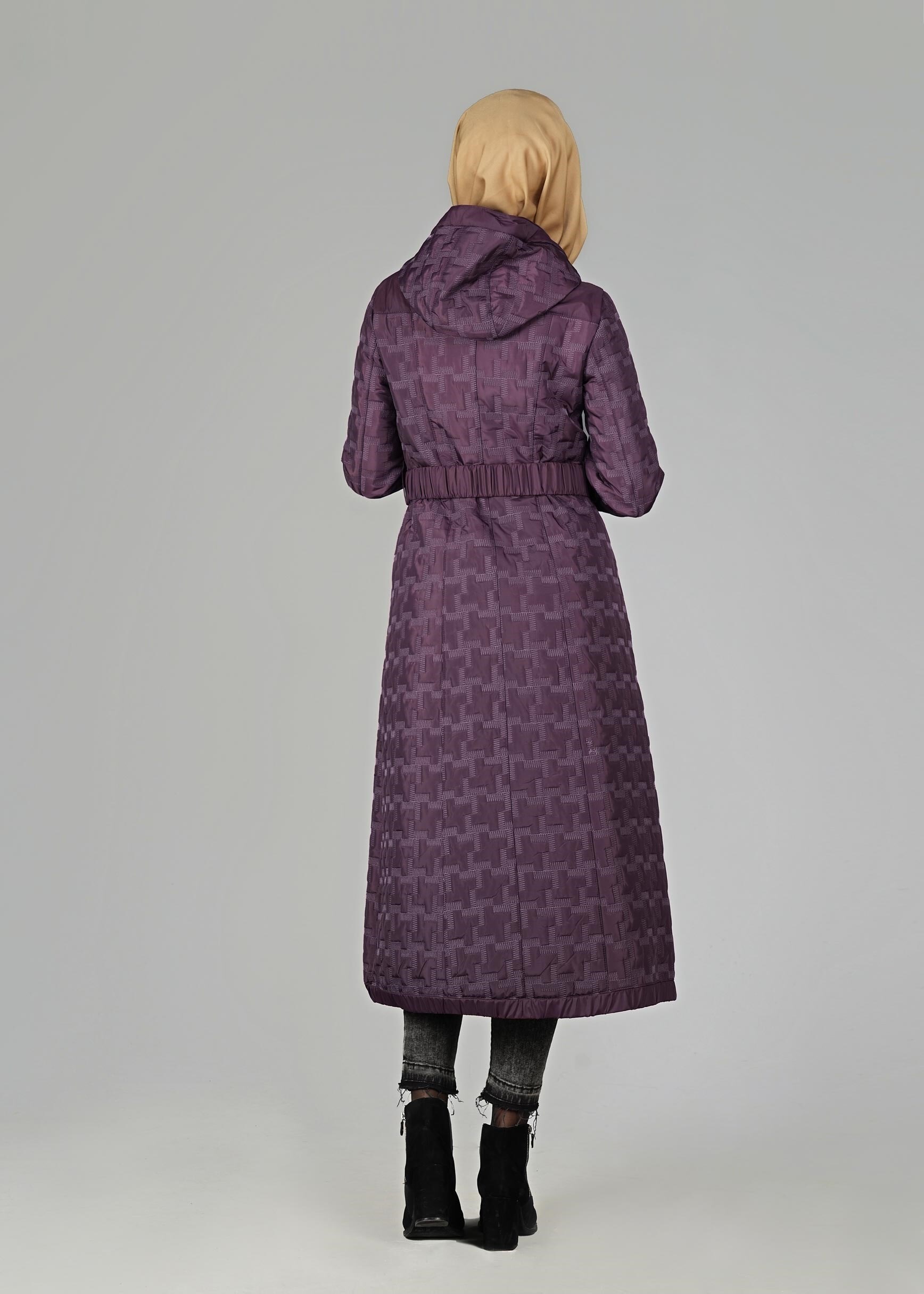 Tesettür giyim MÜRDÜM KEMERLİ KAPÜŞONLU KABAN 9600