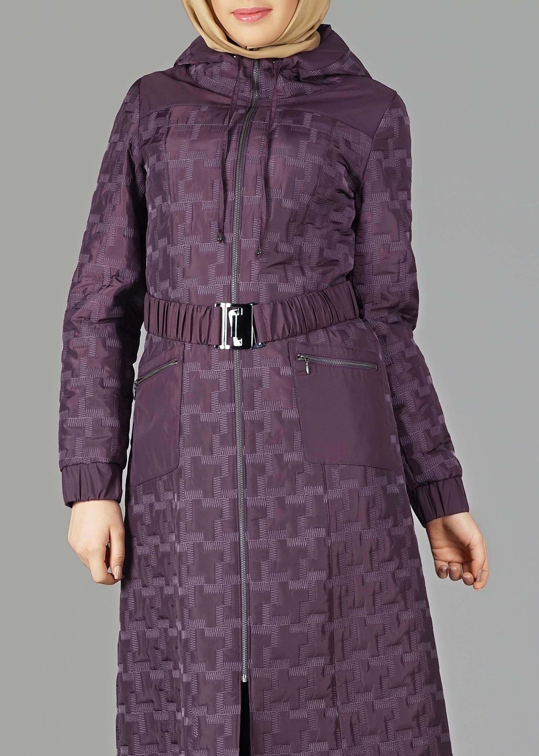 Tesettür giyim MÜRDÜM KEMERLİ KAPÜŞONLU KABAN 9600