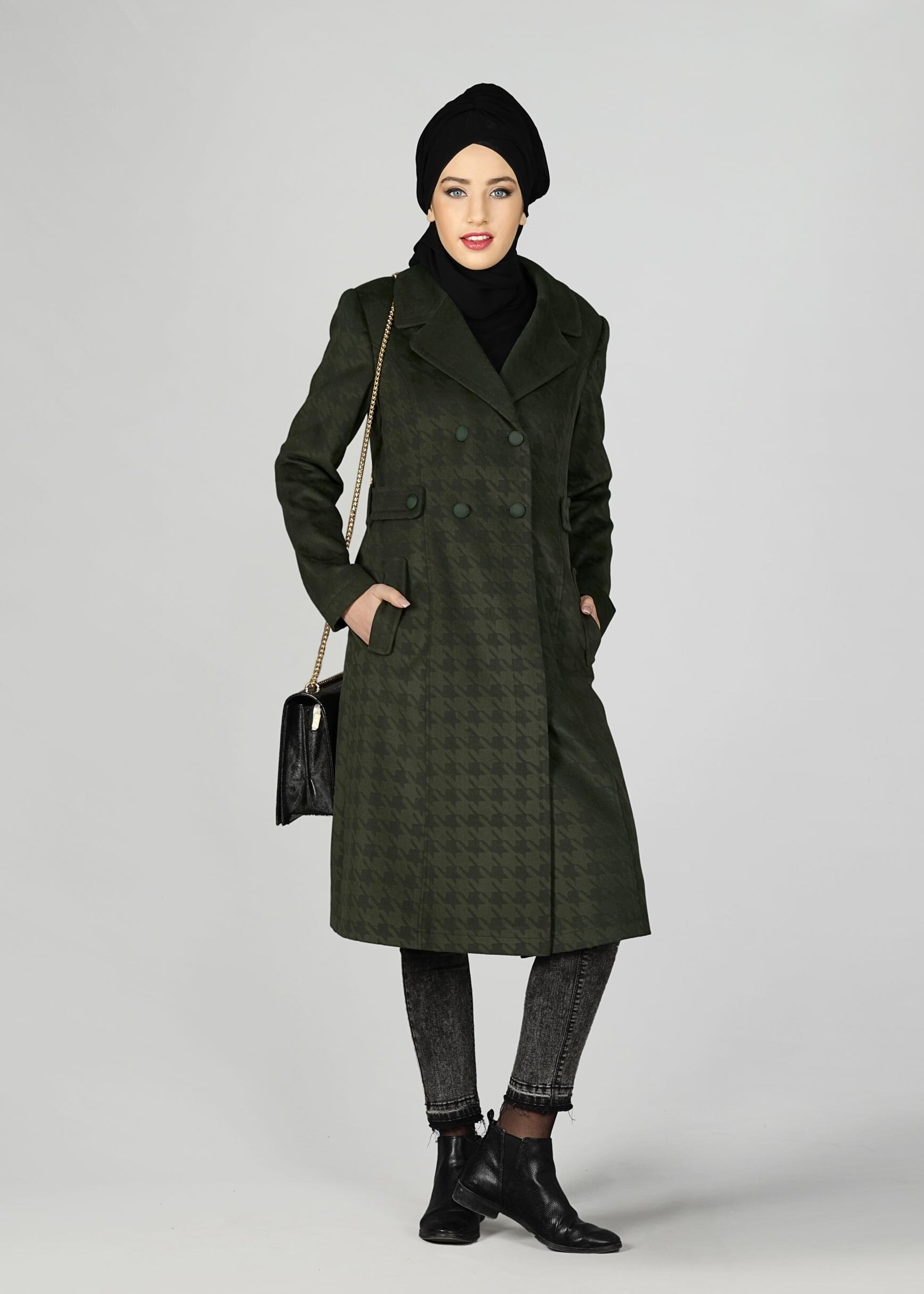 Tesettür giyim YEŞİL KRUVAZE YAKA DÜĞMELİ KABAN 9607