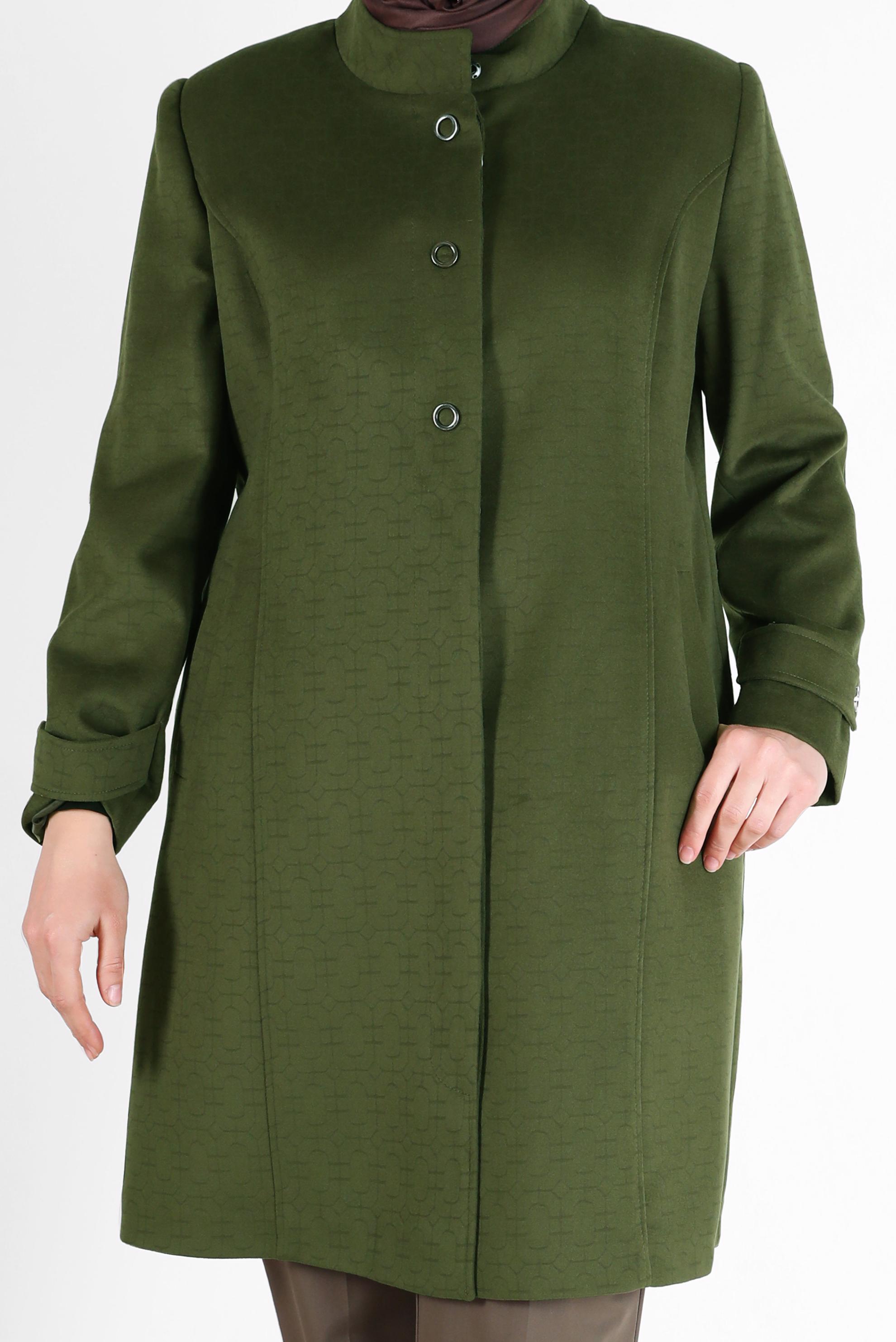 Tesettür giyim YEŞİL HAKİM YAKA KENDİNDEN DESENLİ KABAN 9610 