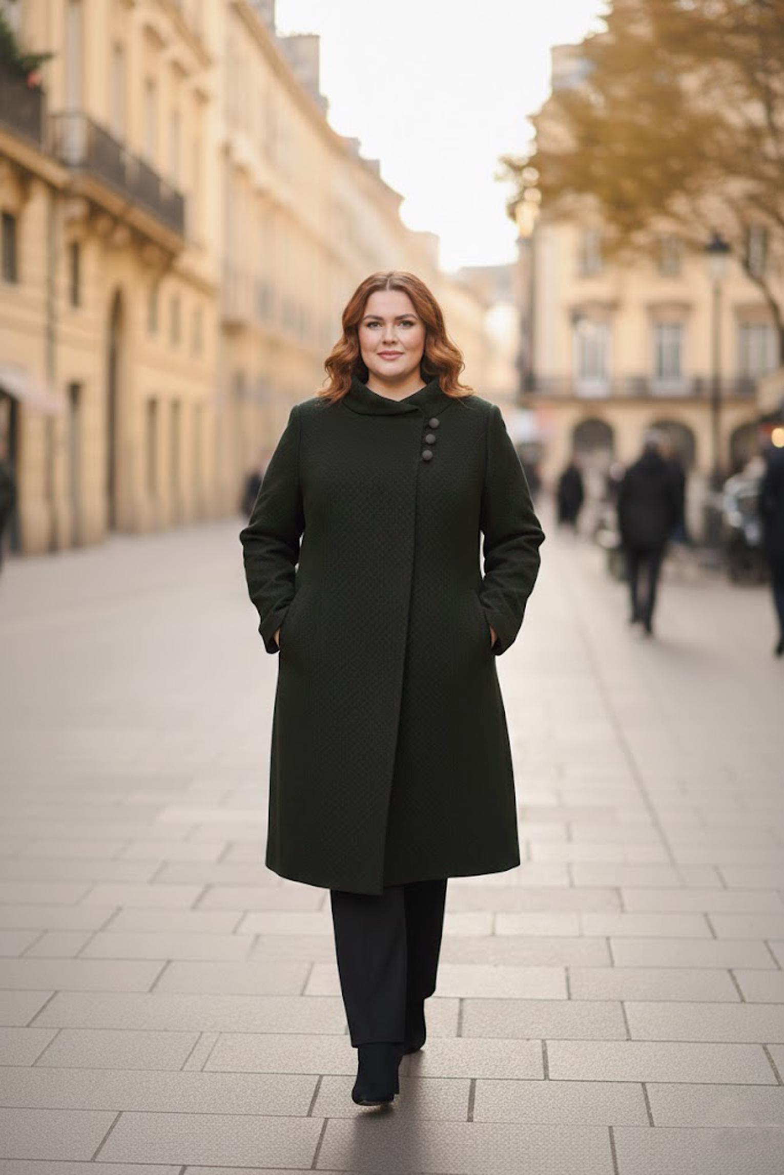 Tesettür giyim HAKİ DÜĞME DETAYLI KENDİNDEN DESENLİ KABAN 9611