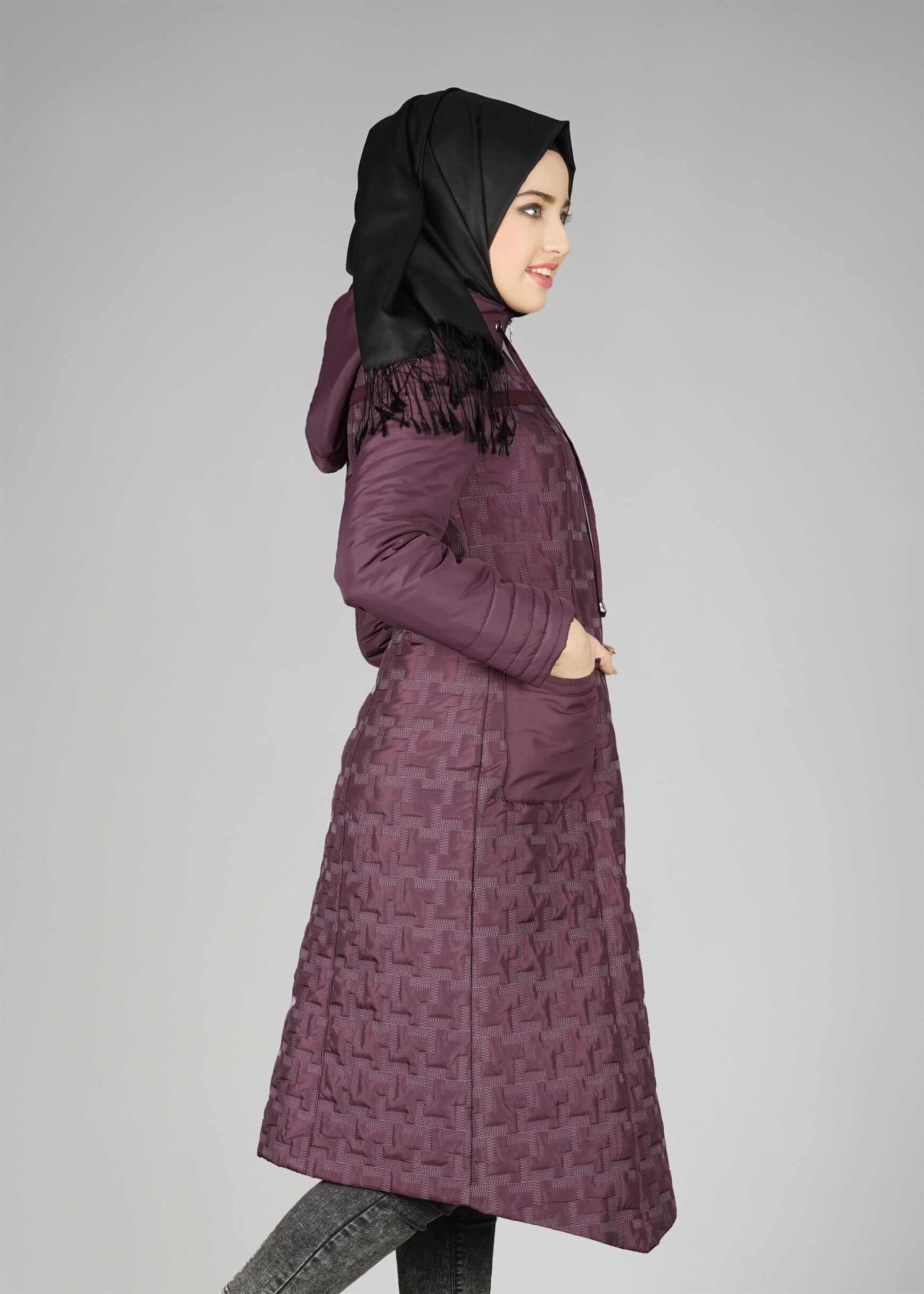 Tesettür giyim MÜRDÜM KAPÜŞONLU FERMUARLI KABAN 9612