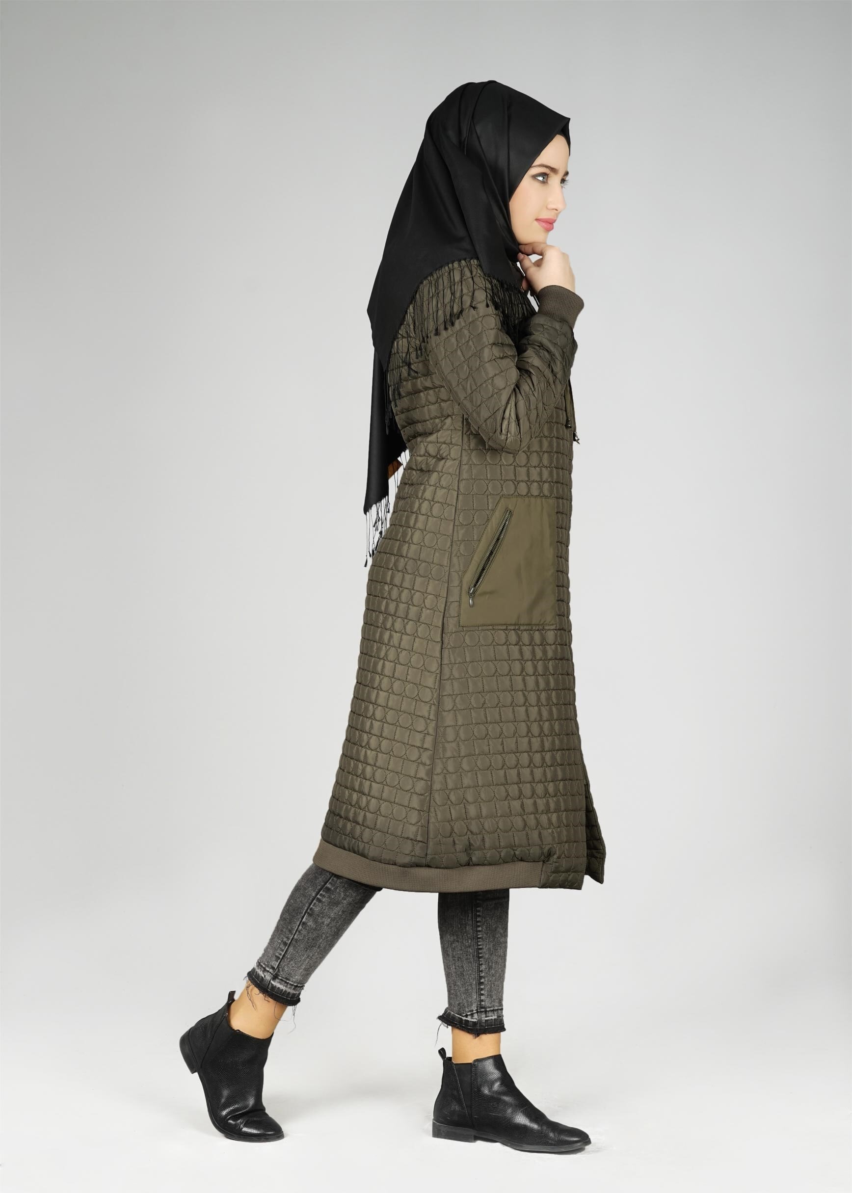 Tesettür giyim HAKİ FERMUARLI ŞİŞME KABAN 9615