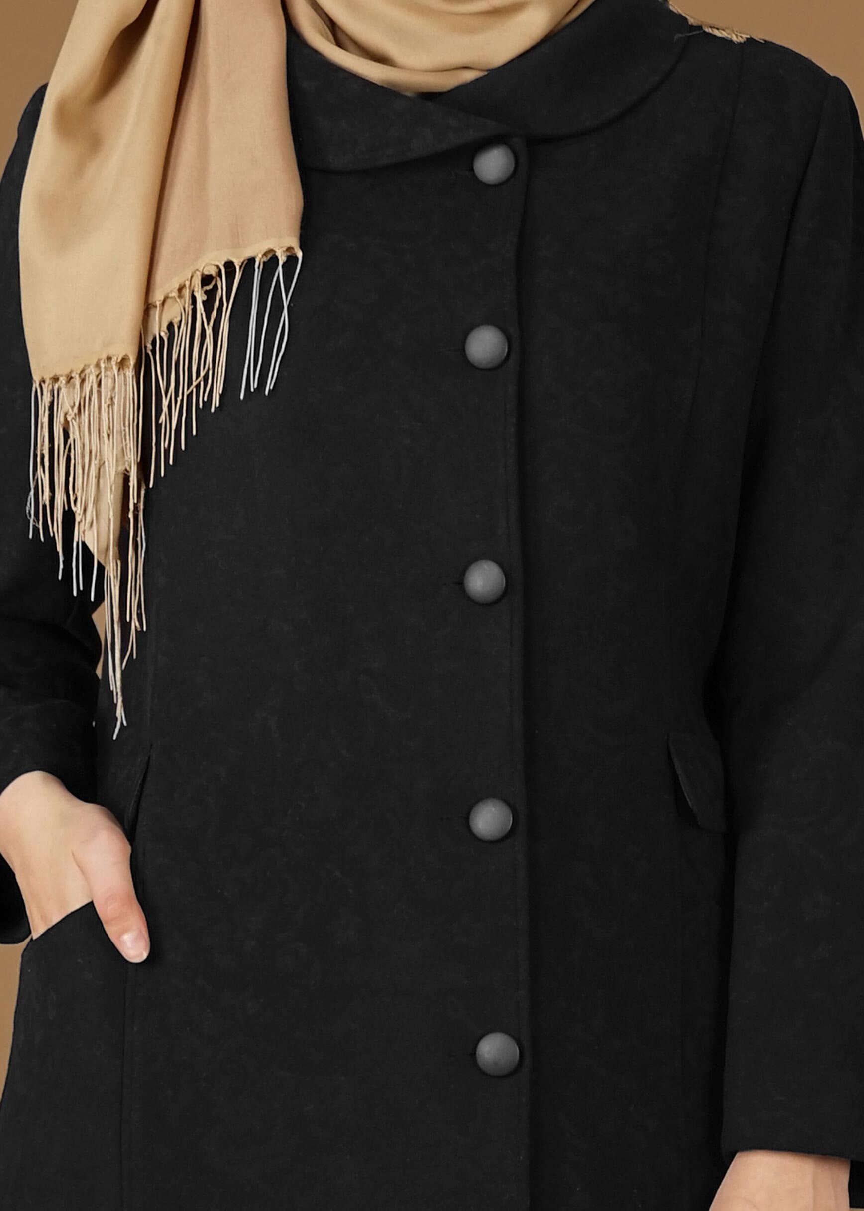 Tesettür giyim SİYAH DÜĞME DETAYLI CEPLİ KABAN 9619