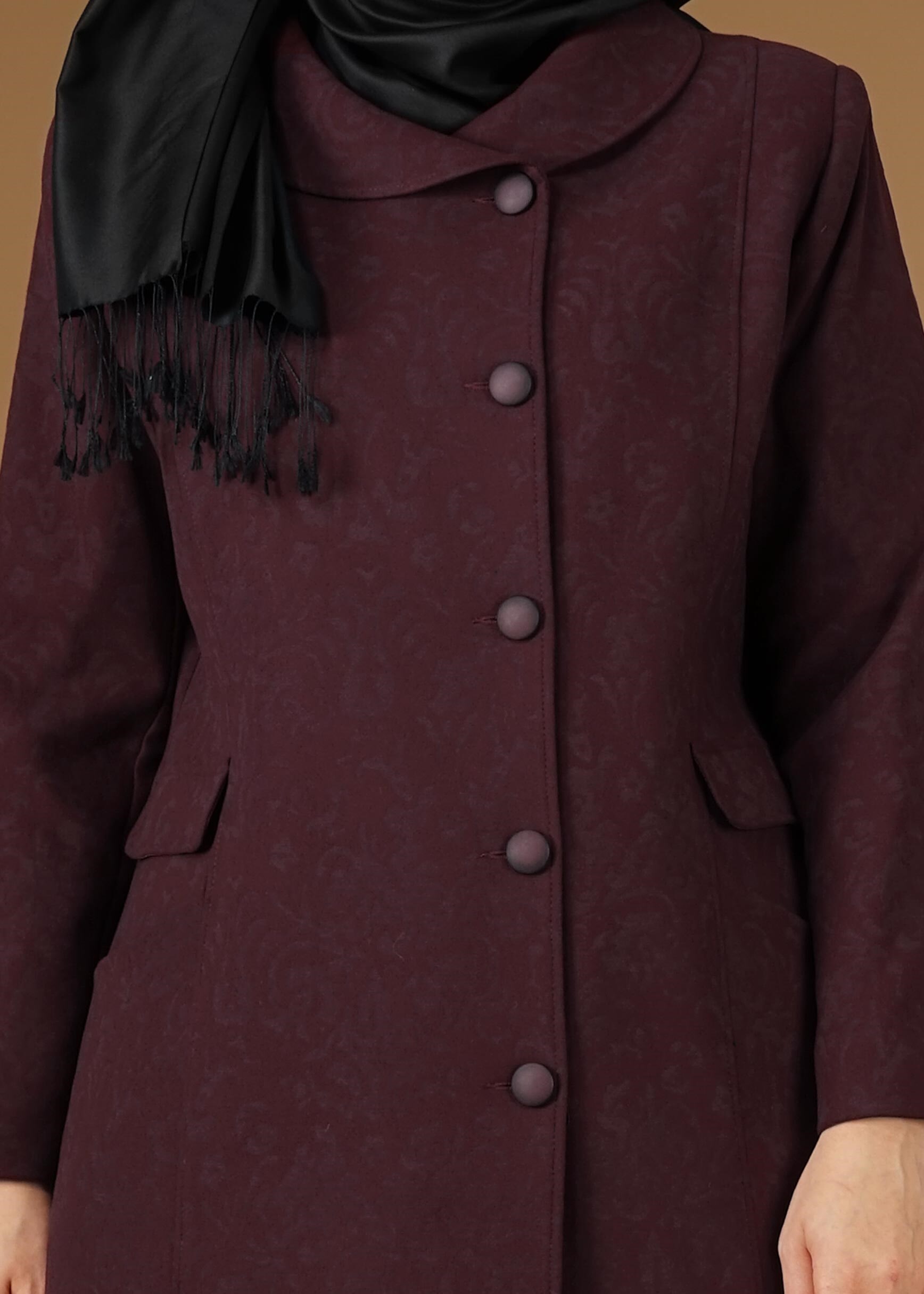 Tesettür giyim BORDO DÜĞME DETAYLI CEPLİ KABAN 9619