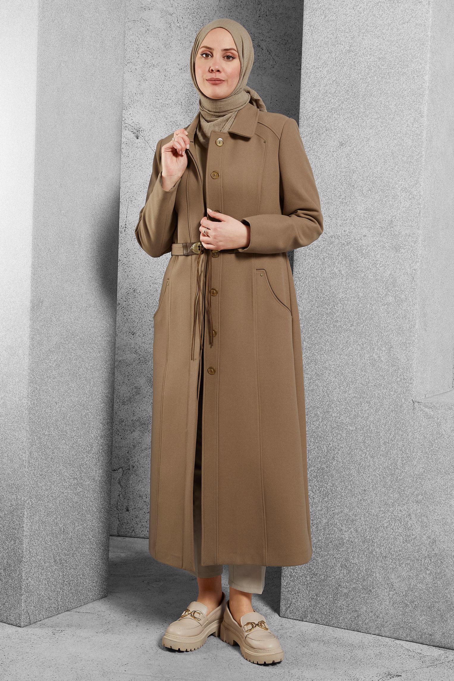 Tesettür giyim KAHVE CEP DETAYLI KUŞAKLI MANTO 9455
