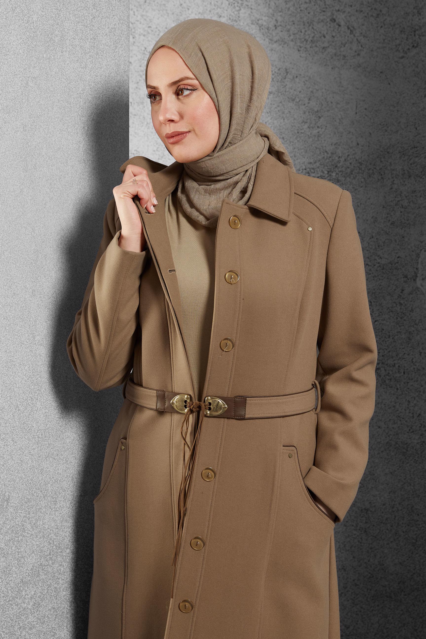 Tesettür giyim KAHVE CEP DETAYLI KUŞAKLI MANTO 9455