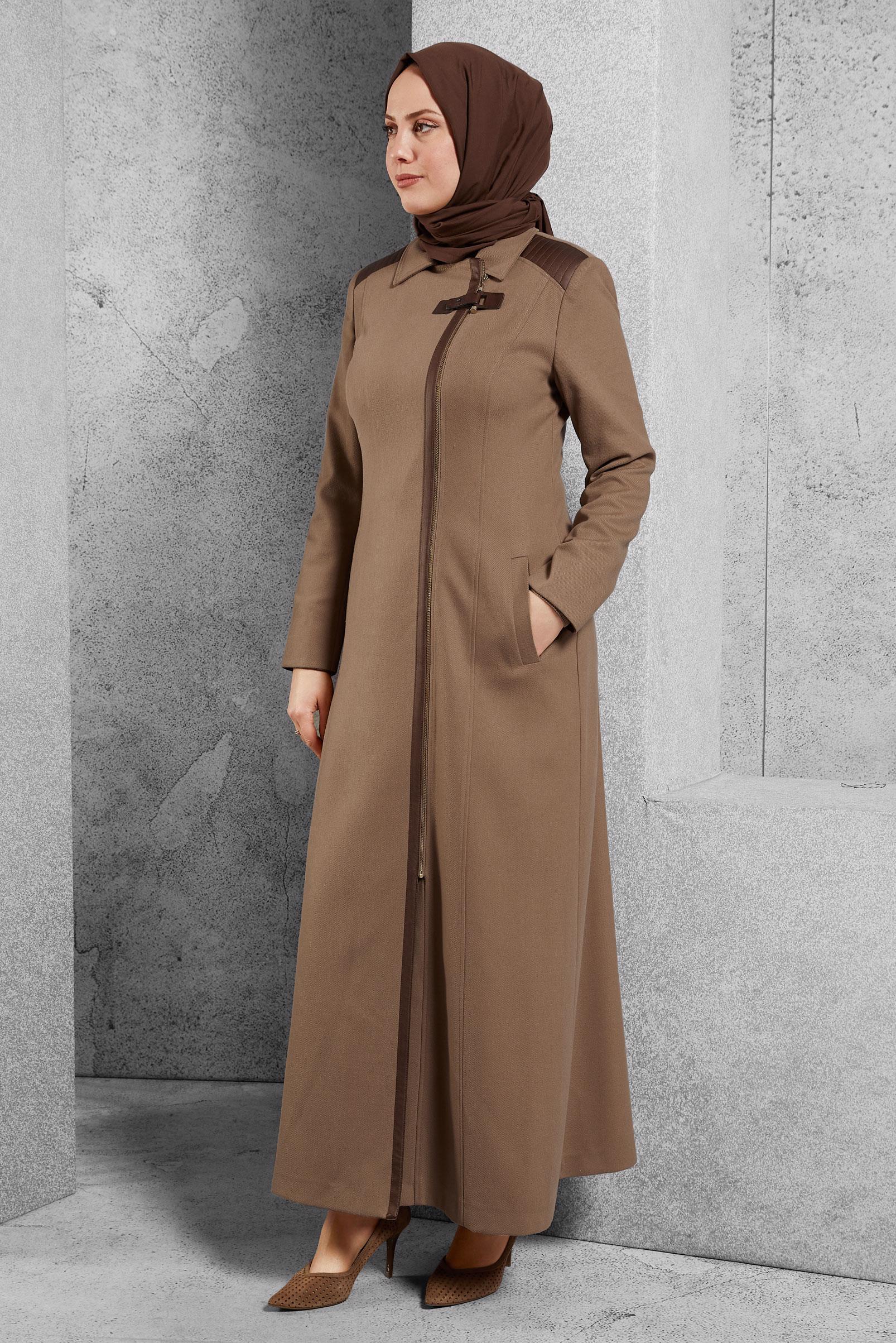 Tesettür giyim KAHVE FERMUARLI MANTO 9468