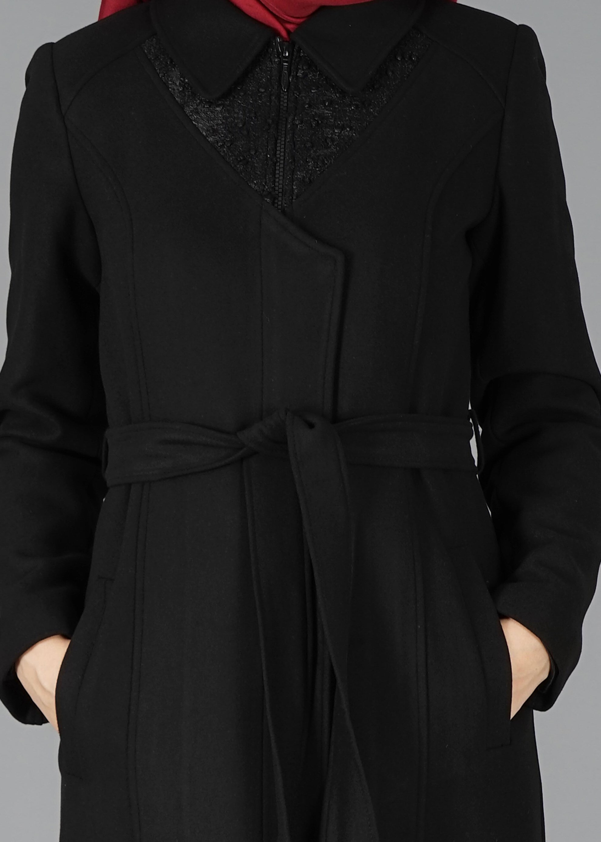 Tesettür giyim SİYAH ERKEK YAKA FERMUARLI MANTO 9484