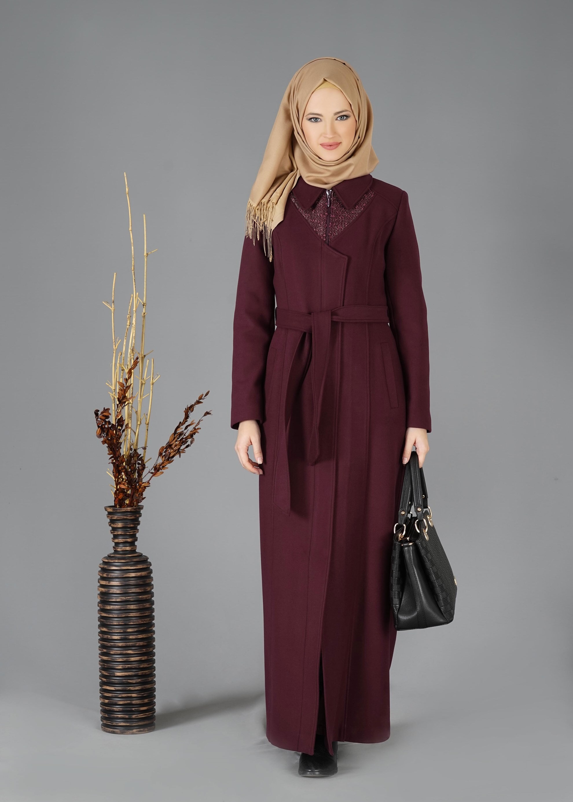 Tesettür giyim BORDO ERKEK YAKA FERMUARLI MANTO 9484