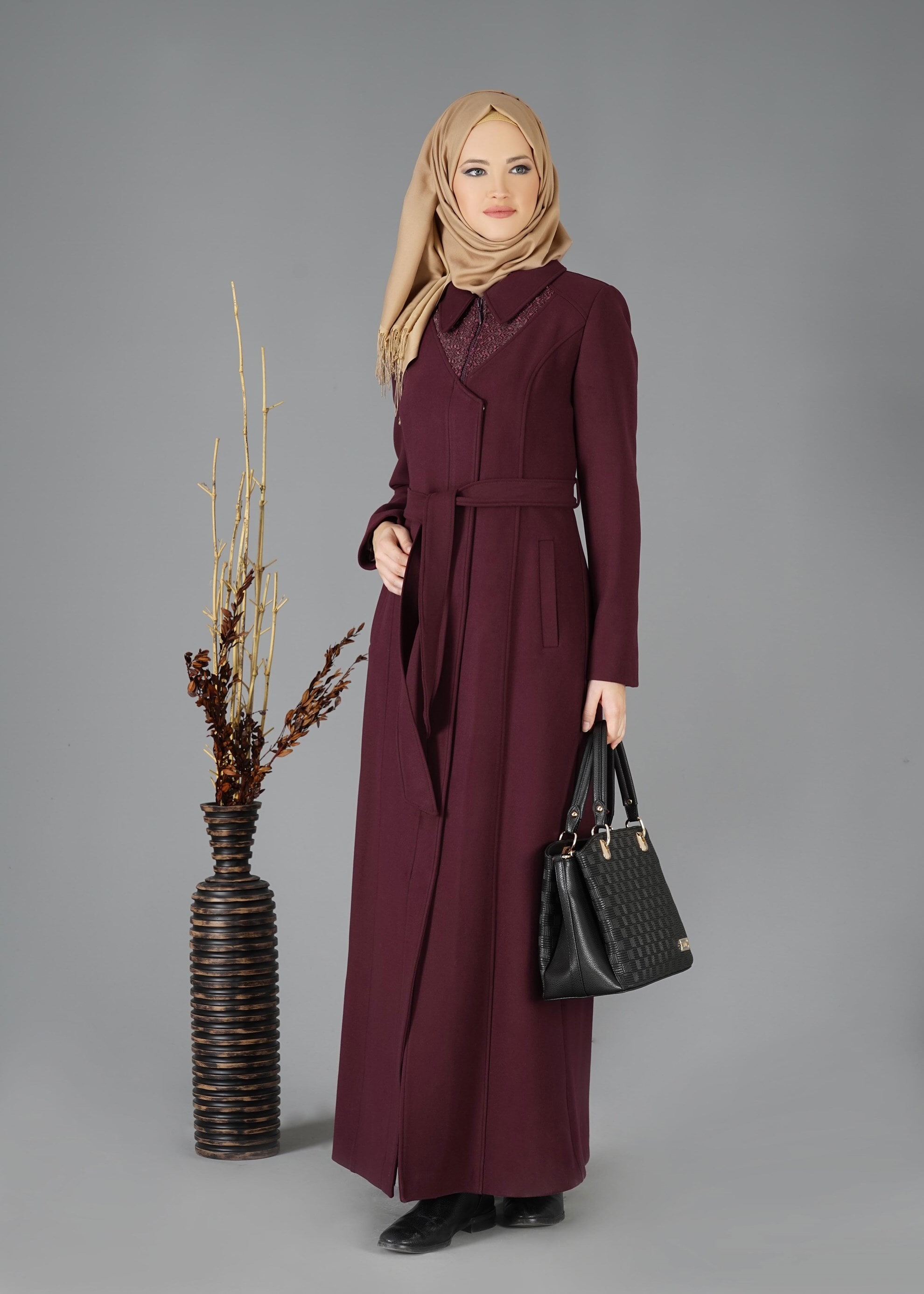 Tesettür giyim BORDO ERKEK YAKA FERMUARLI MANTO 9484
