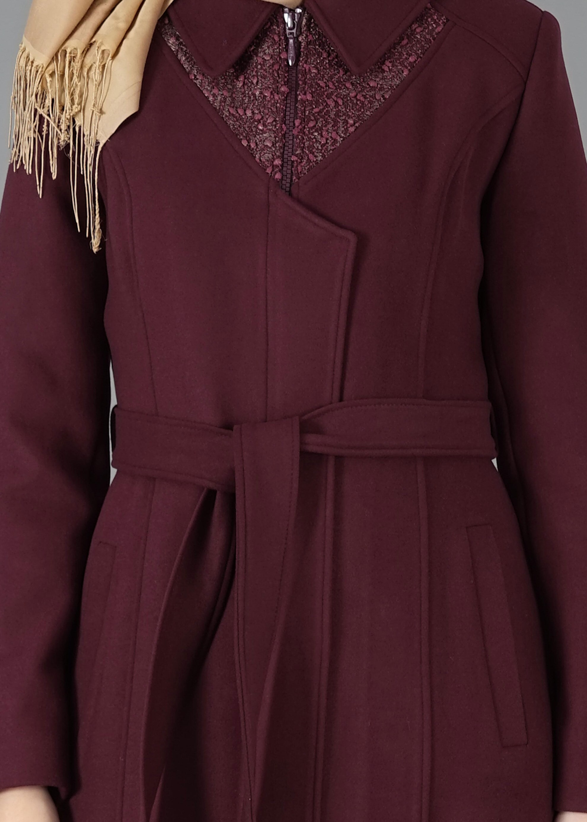 Tesettür giyim BORDO ERKEK YAKA FERMUARLI MANTO 9484