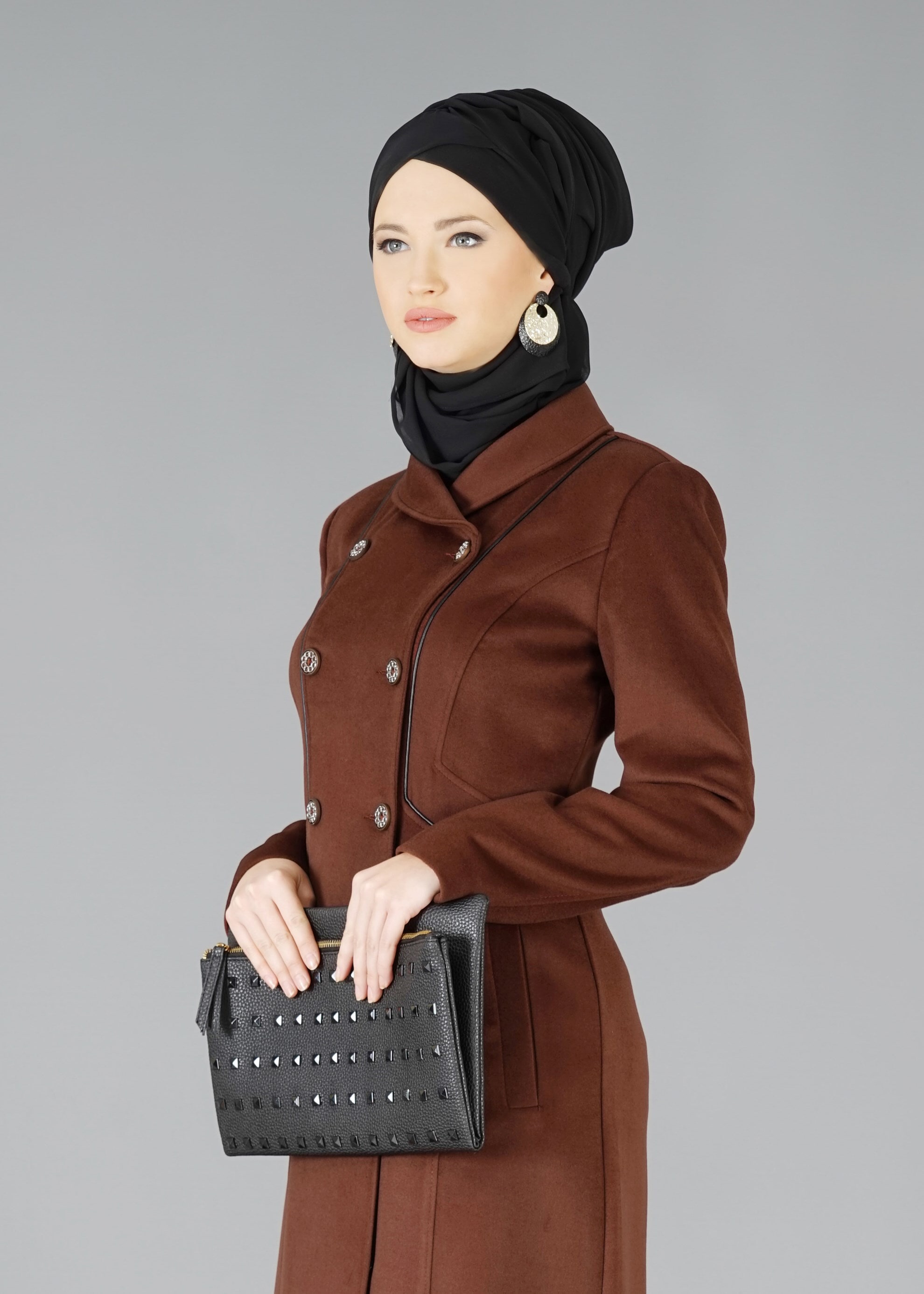 Tesettür giyim TURUNCU CEPLİ DÜĞMELİ MANTO 9491