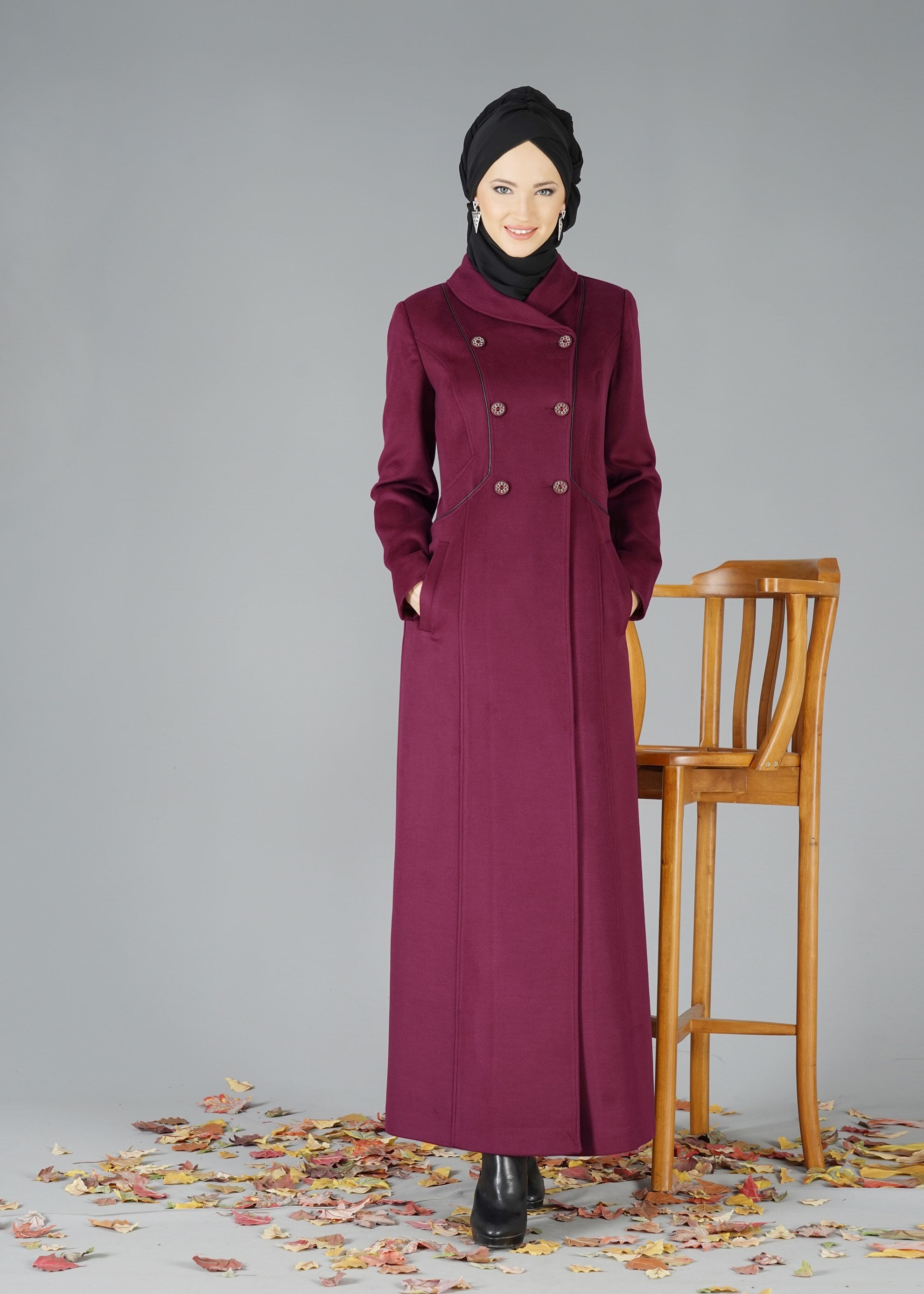 Tesettür giyim MOR CEPLİ DÜĞMELİ MANTO 9491