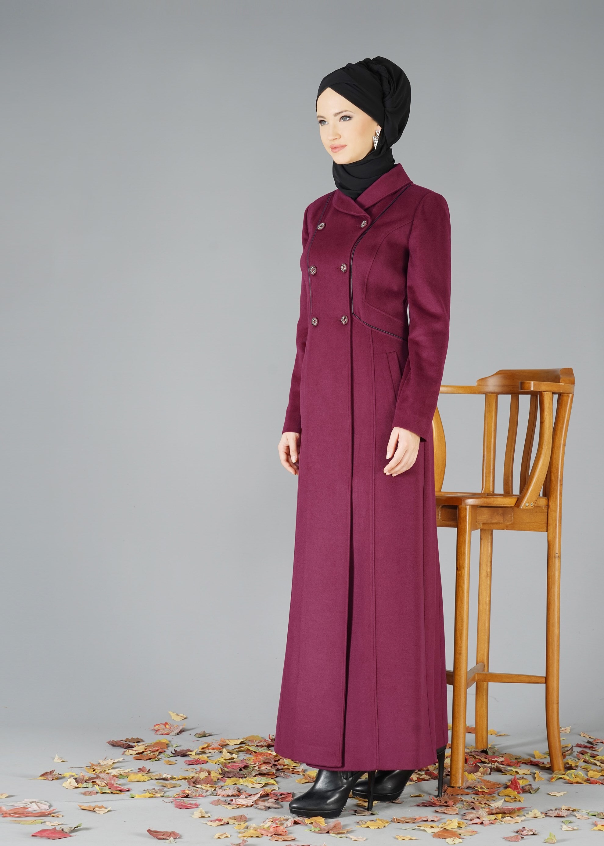 Tesettür giyim MOR CEPLİ DÜĞMELİ MANTO 9491
