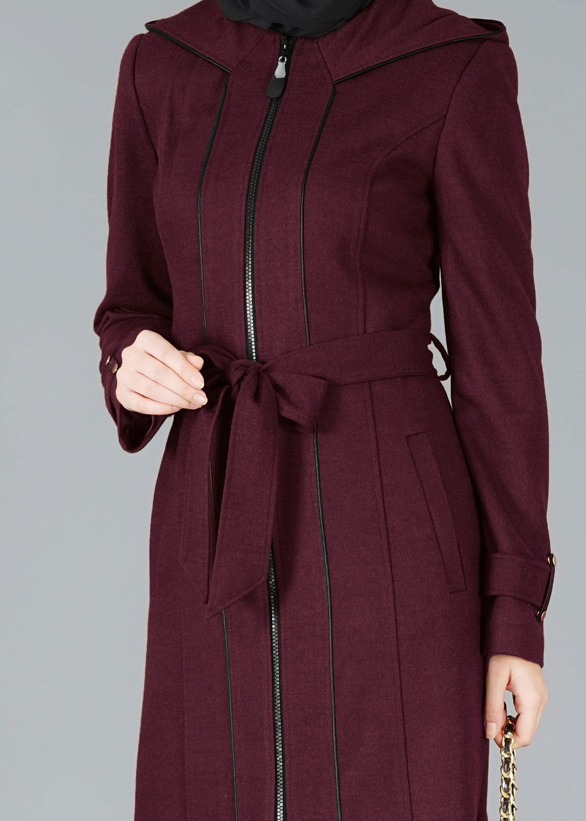 Tesettür giyim MÜRDÜM FERMUARLI KAPÜŞONLU MANTO 9499