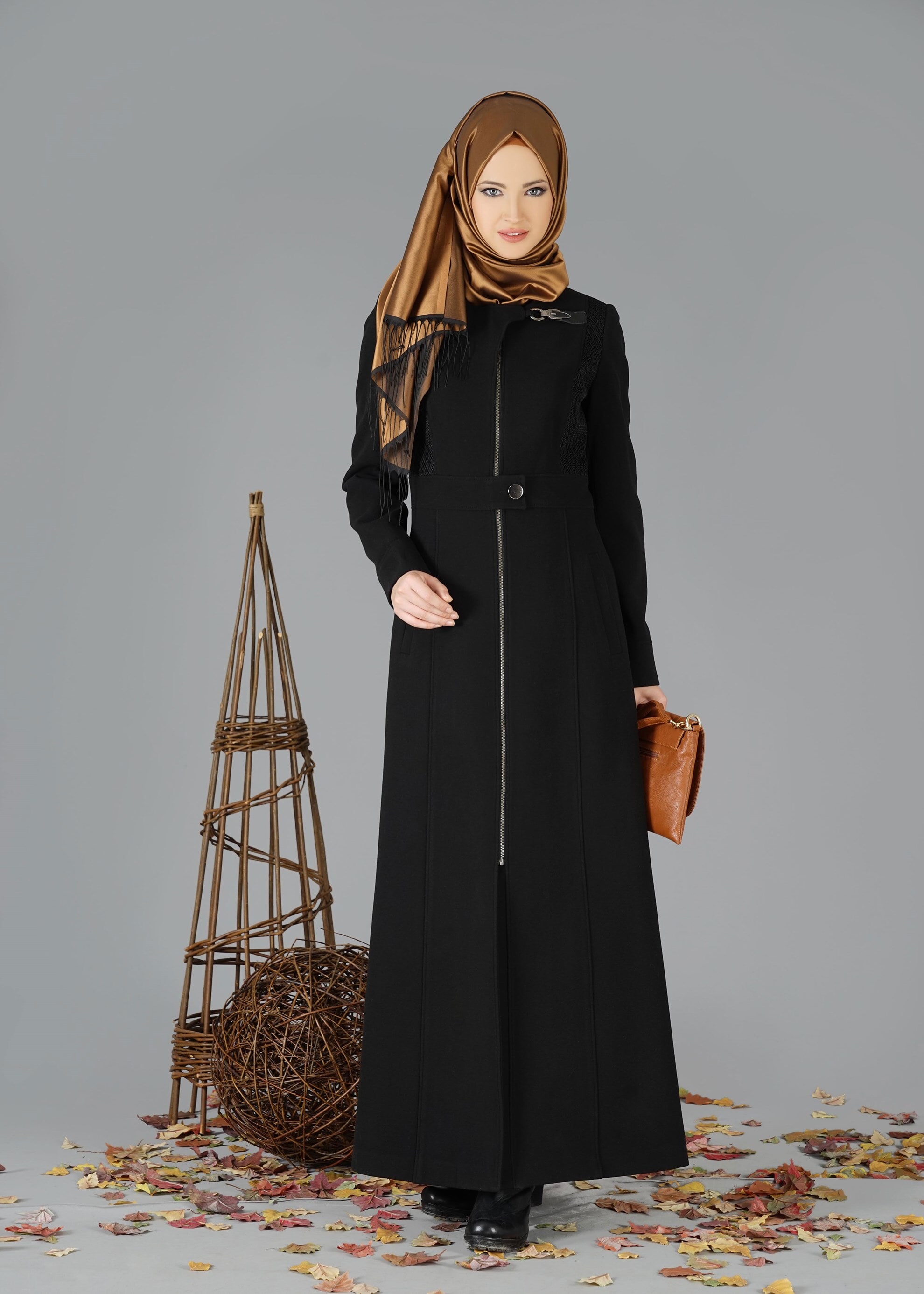 Tesettür giyim SİYAH FERMUARLI DÜĞMELİ MANTO 9525