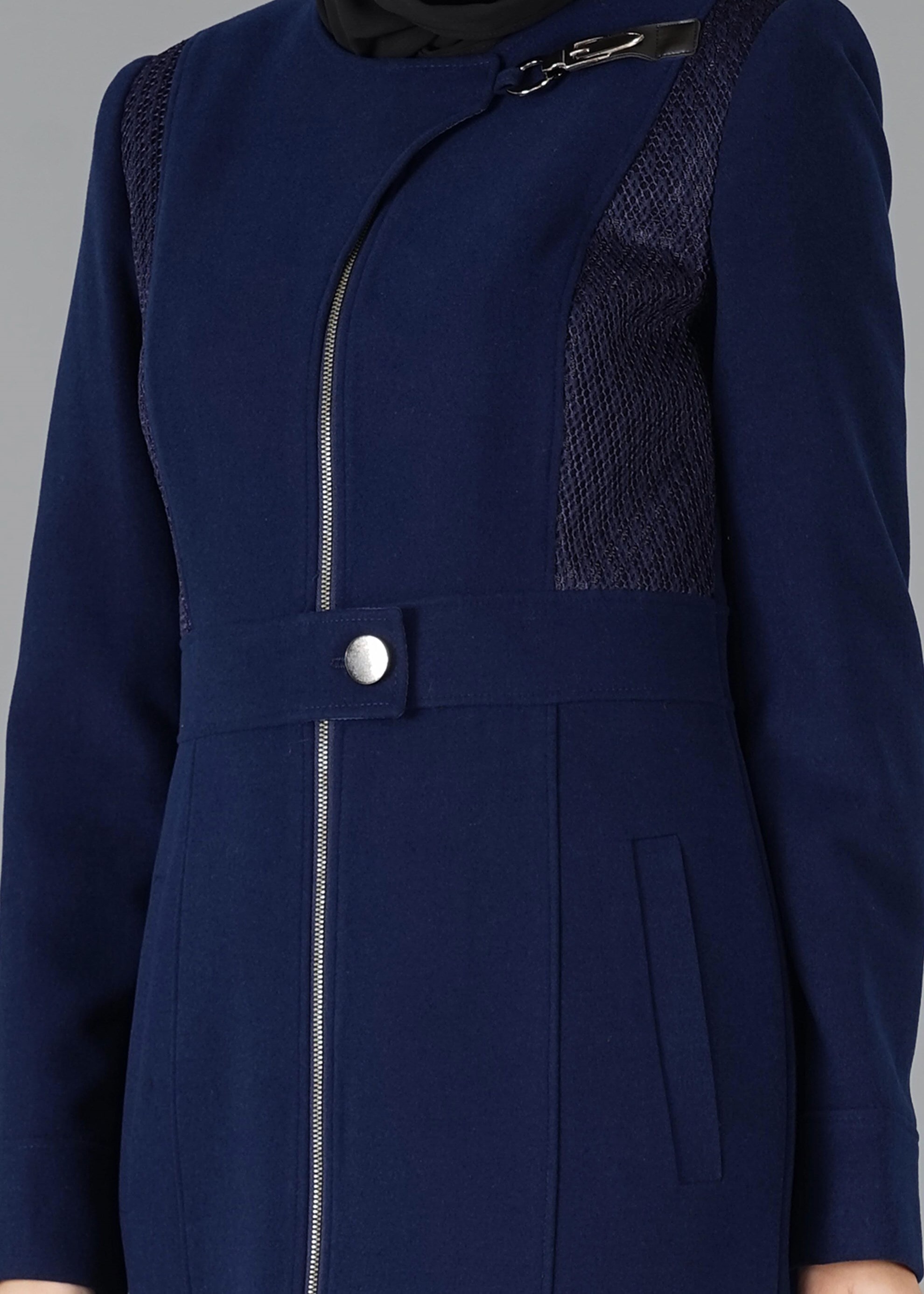 Tesettür giyim LACİVERT FERMUARLI DÜĞMELİ MANTO 9525