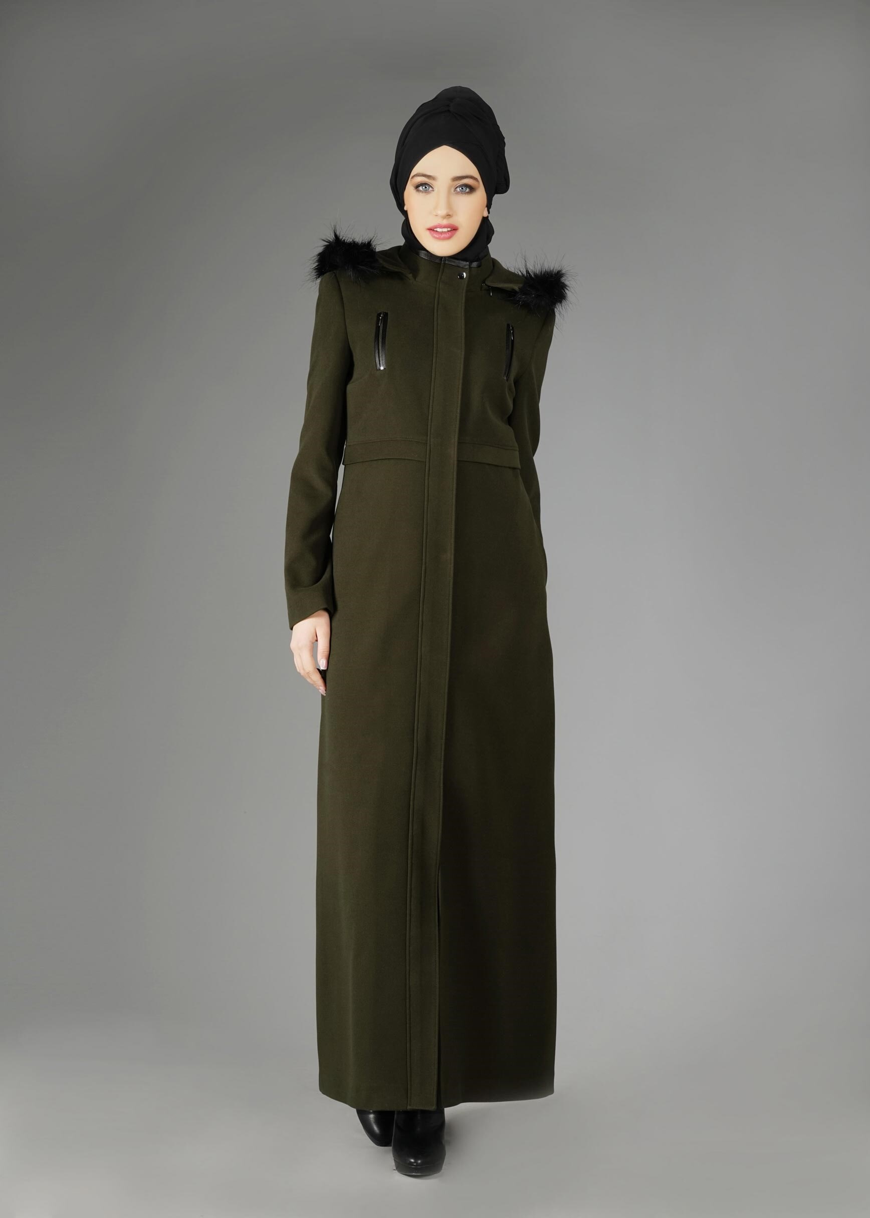 Tesettür giyim HAKİ KAPÜŞONLU KAŞE KABAN 9568