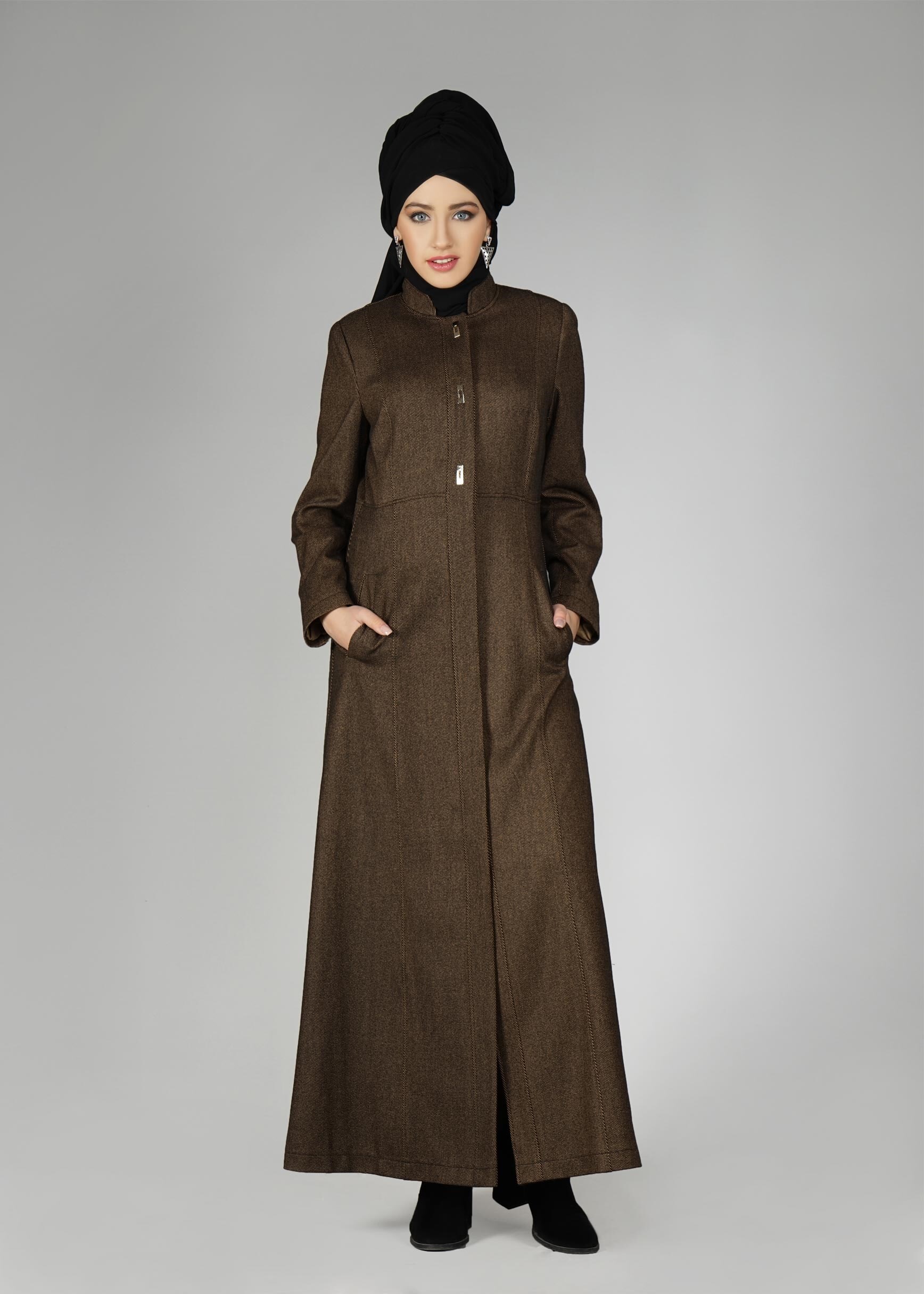 Tesettür giyim KAHVE HAKİM YAKA MANTO 9570