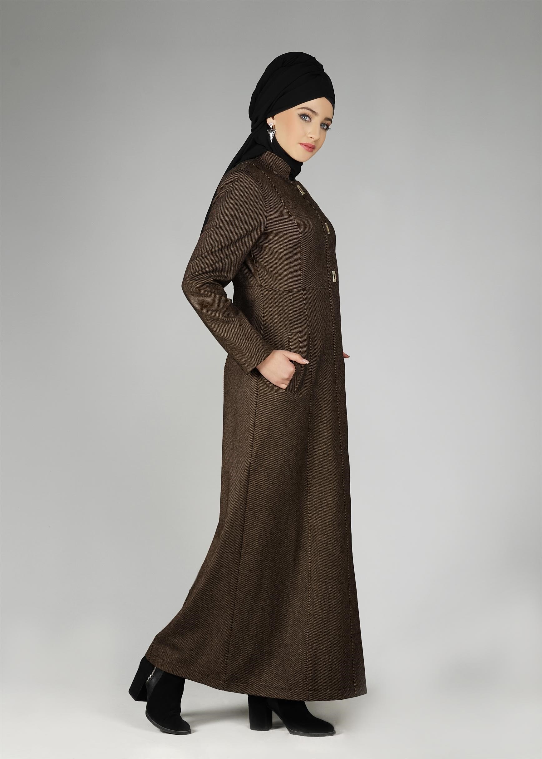 Tesettür giyim KAHVE HAKİM YAKA MANTO 9570