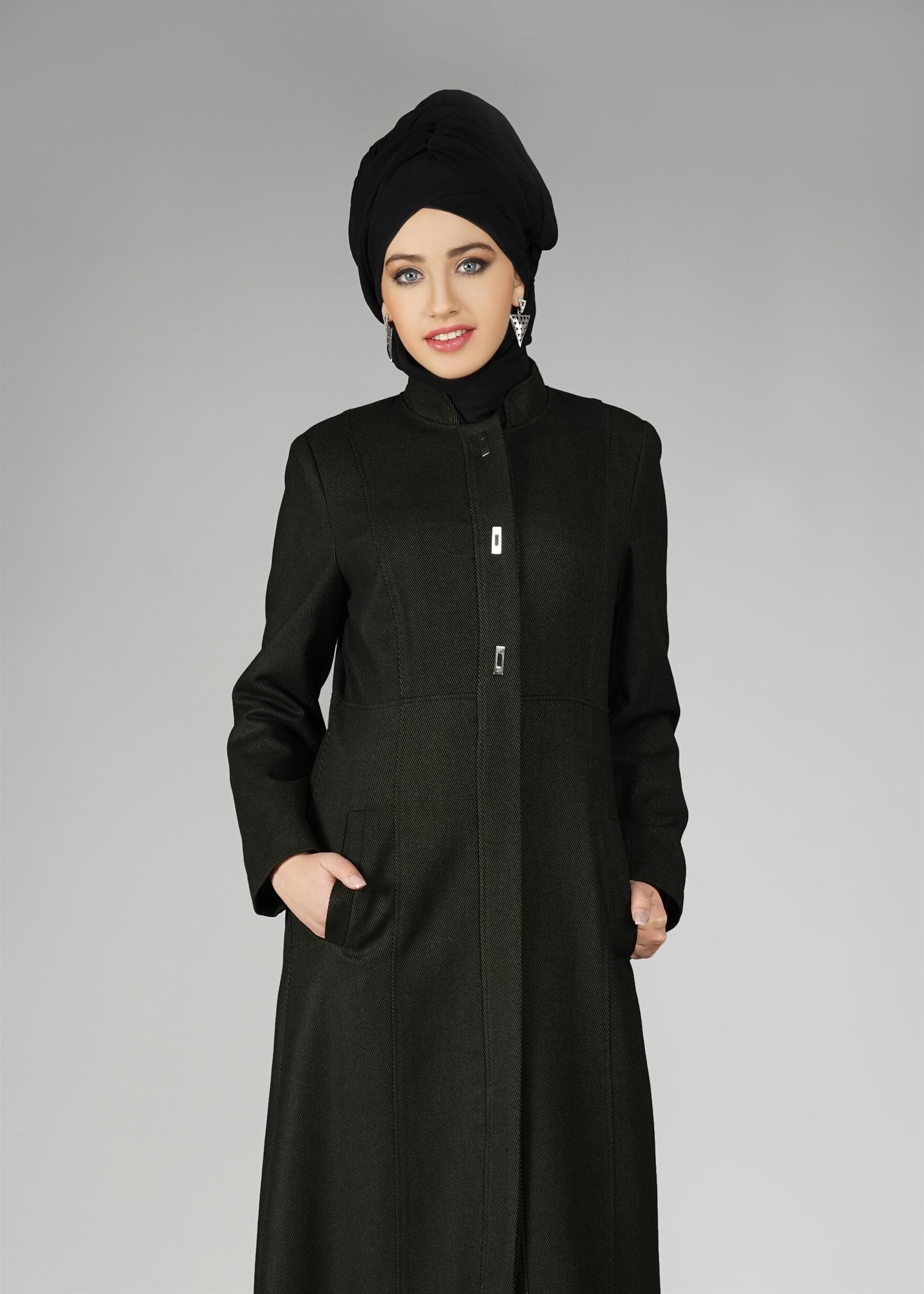 Tesettür giyim HAKİ HAKİM YAKA MANTO 9570