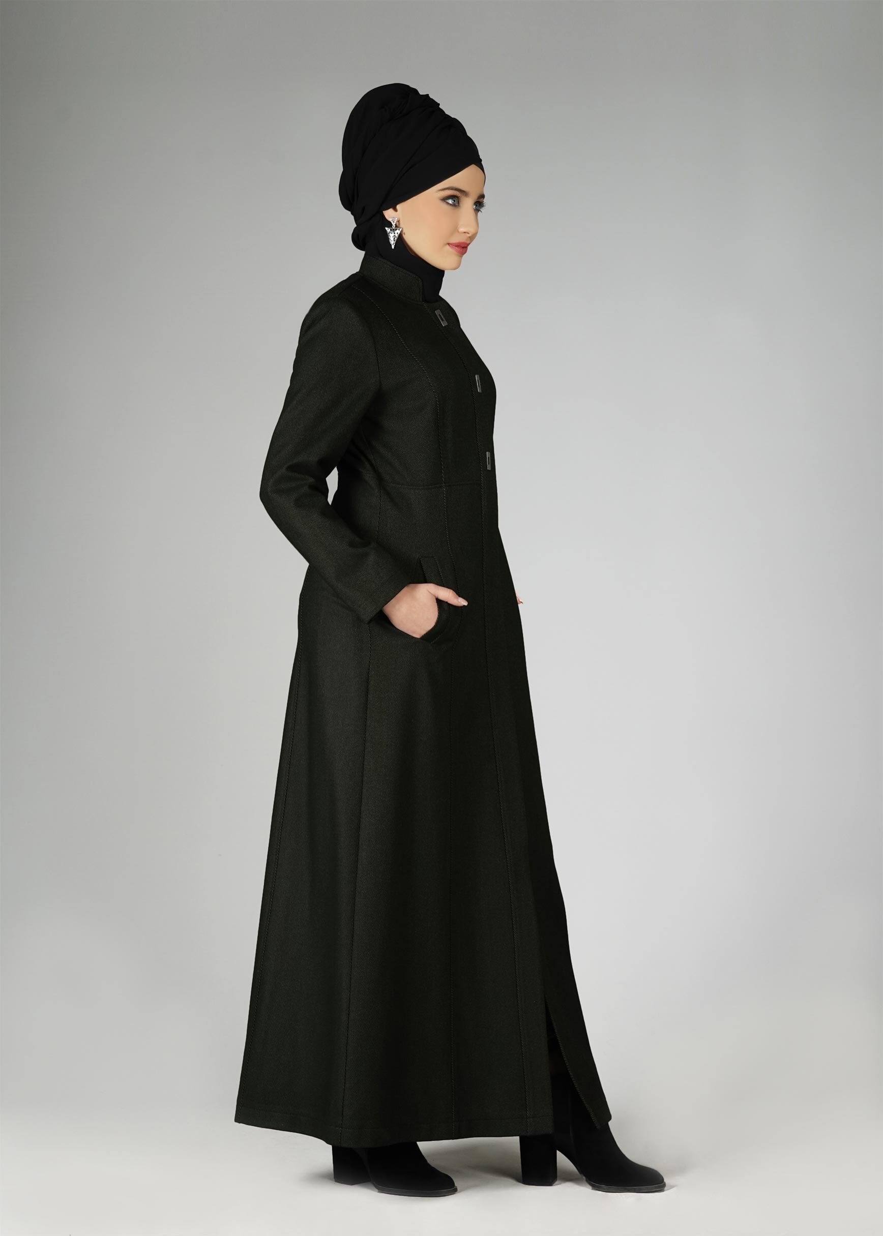 Tesettür giyim HAKİ HAKİM YAKA MANTO 9570