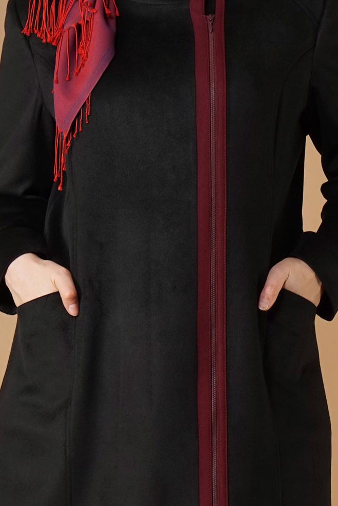 Hijab clothing BLACK MANDARIN COLLAR ZIPPED COAT 9571  - ALVİNA
