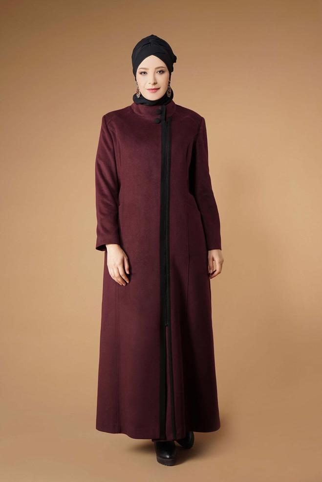 Hijab clothing CLARET RED MANDARIN COLLAR ZIPPED COAT 9571  - ALVİNA