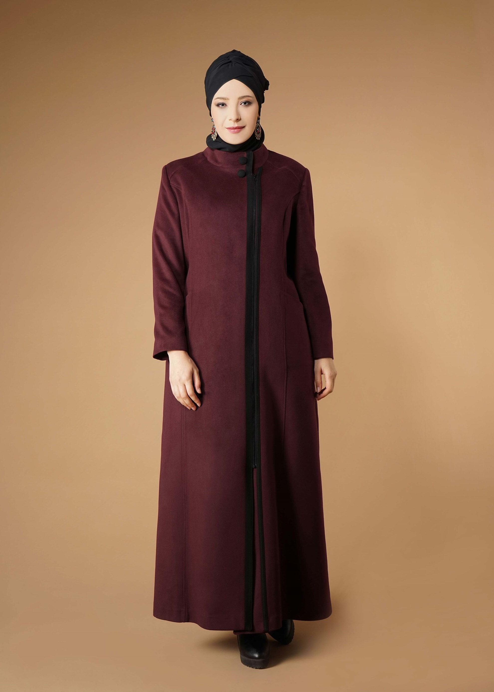 Vêtements hijab ROUGE BORDEAUX MANTEAU ZIPPÉ À COL MAO 9571 