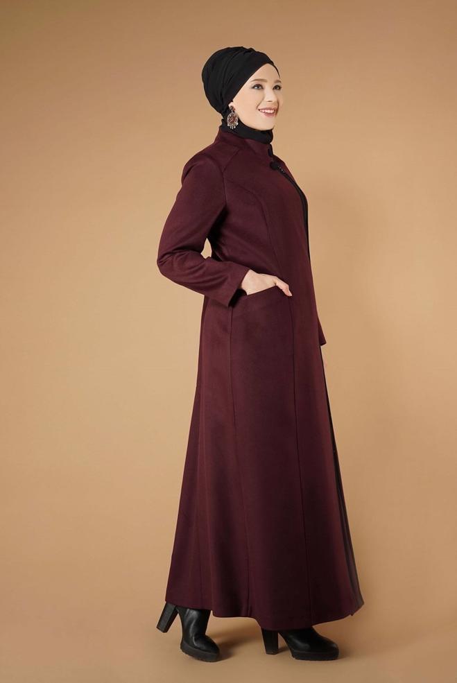 Hijab clothing CLARET RED MANDARIN COLLAR ZIPPED COAT 9571  - ALVİNA