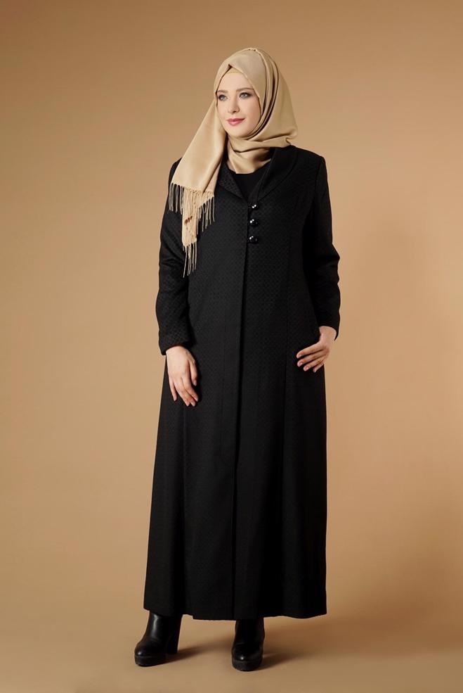 Hijab clothing BLACK BUTTONED COAT 9574  - ALVİNA