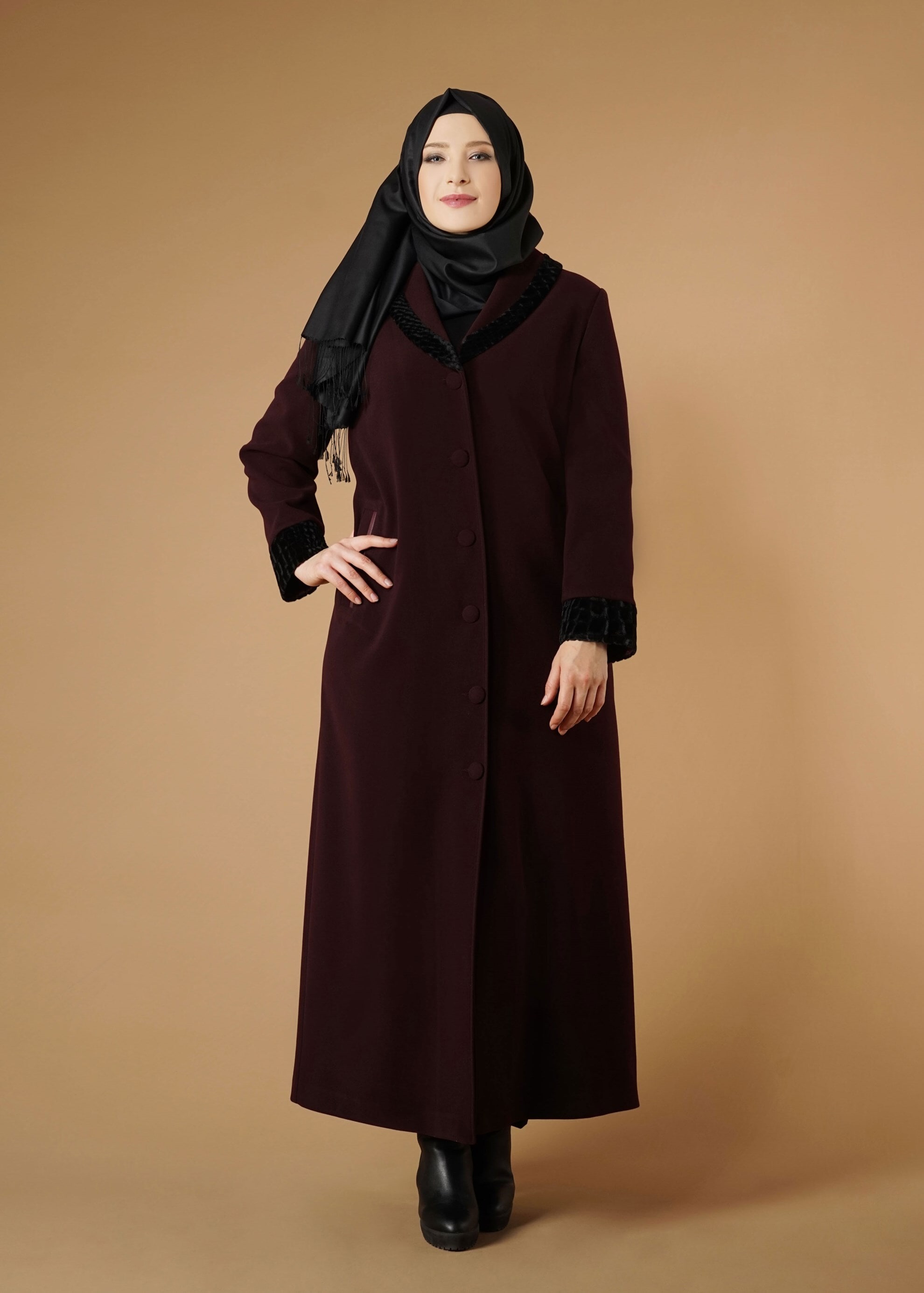 Hijab clothing CLARET RED BUTTONED COAT 9577 